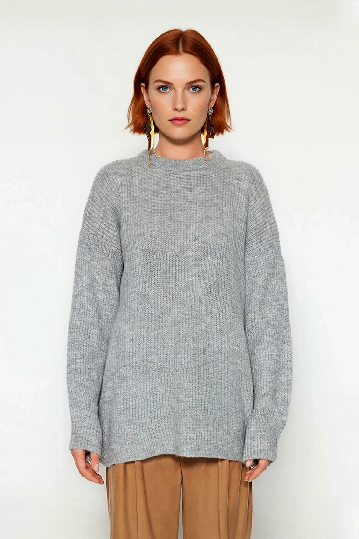 Kadın Basic Oversize Bisiklet Yaka Uzun Kol Triko Kazak Günlük Konforlu Şık Kışlık Giyim Kaliteli