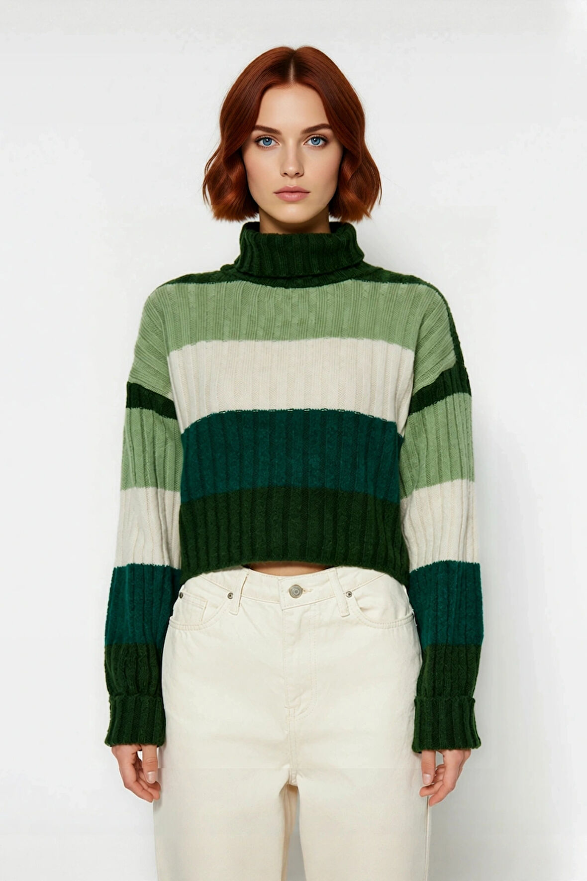 Kadın Basic Renk Bloklu Uzun Kol Balıkçı Yaka Super Crop Fitilli Triko Kazak Kış Modasına Uyumlu