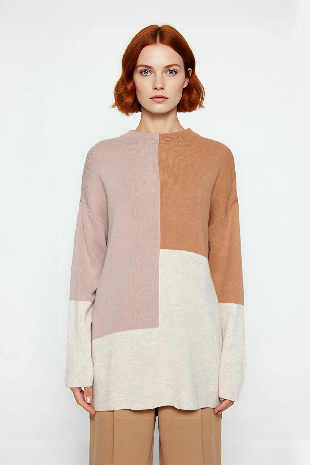 Kadınlar İçin Dik Yaka Relaxed Kesim Renk Bloklu Akrilik Triko Kazak Günlük Kullanım Kaliteli