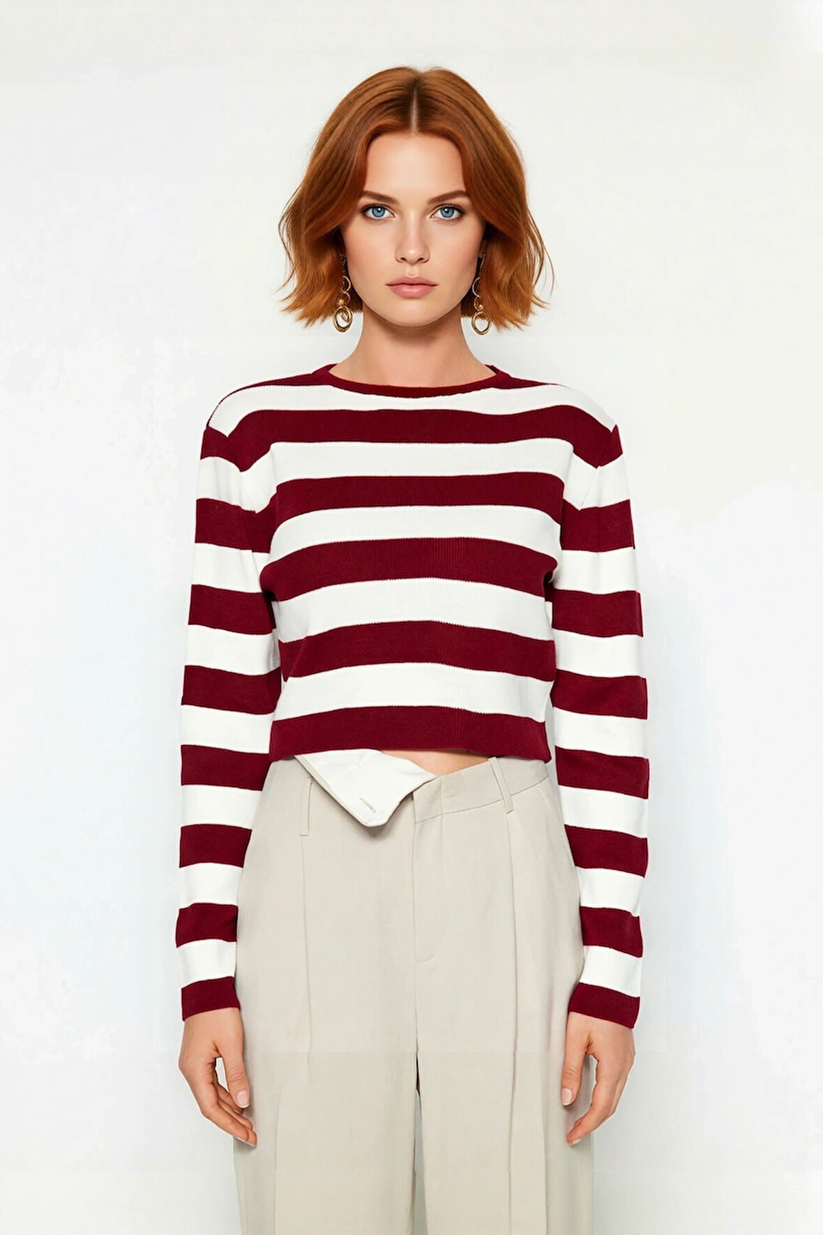 Kadın Fitted Bisiklet Yaka Super Crop Çizgili Triko Kazak İlkbahar Sonbahar Casual Tarz İçin Ideal