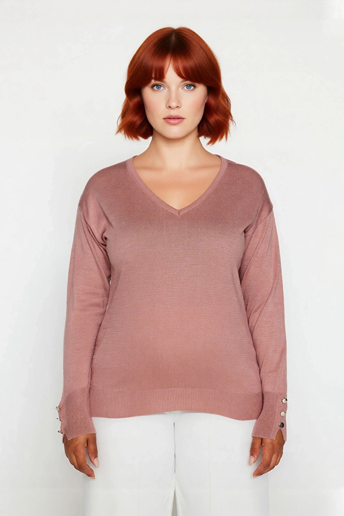 Kadın Düz Desen Regular Kalıp Triko V Yaka Kazak Uzun Kollu Ve Şık Düğme Detayları İle Kaliteli
