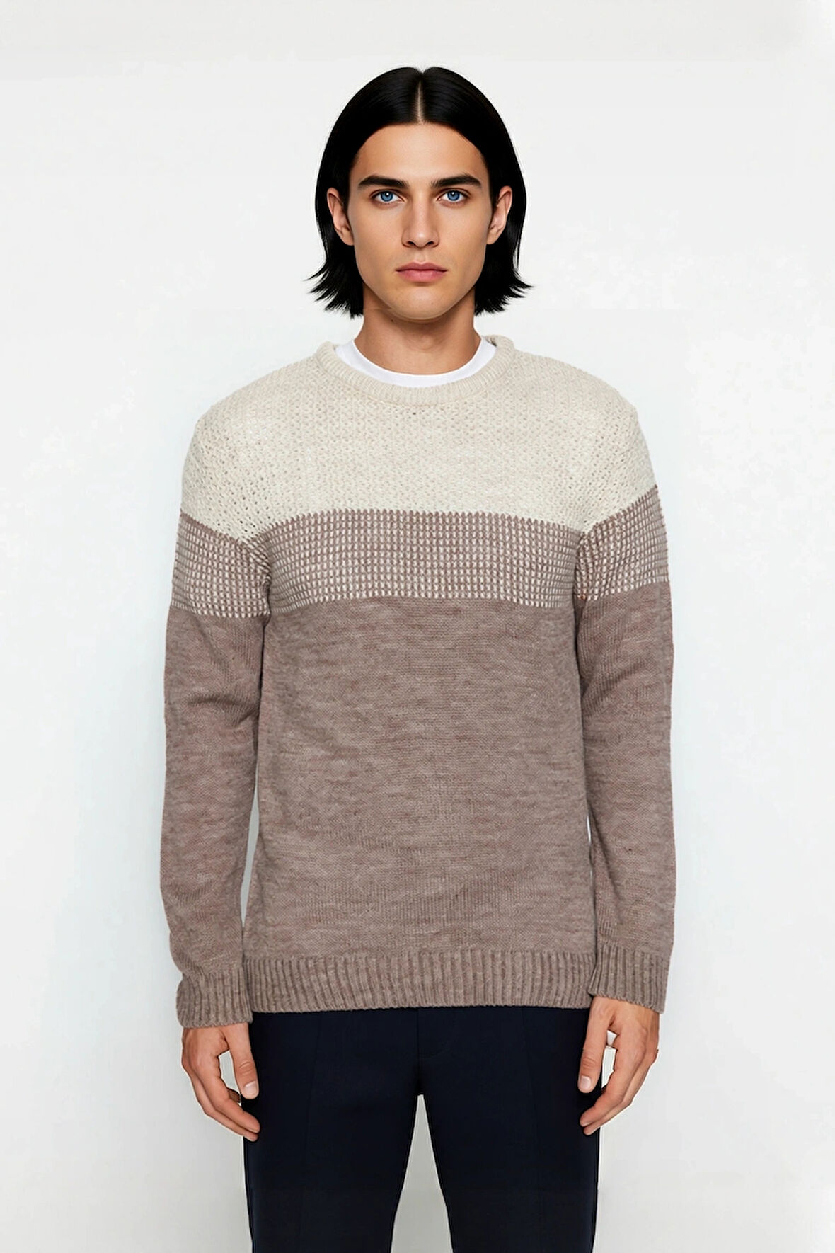 Erkek Basic Kesim Bisiklet Yaka Uzun Kol Renk Bloklu Akrilik Triko Kazak Kış Kombinlerine Özel