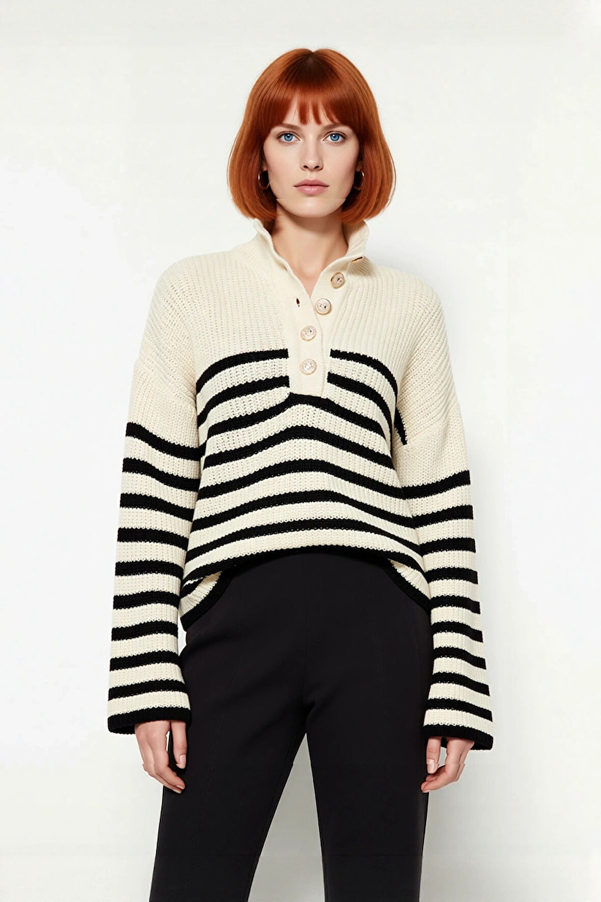 Kadın Basic Çizgili Oversize Dik Yaka Triko Kazak Uzun Kollu Crop Rahat Sonbahar Kış Kaliteli