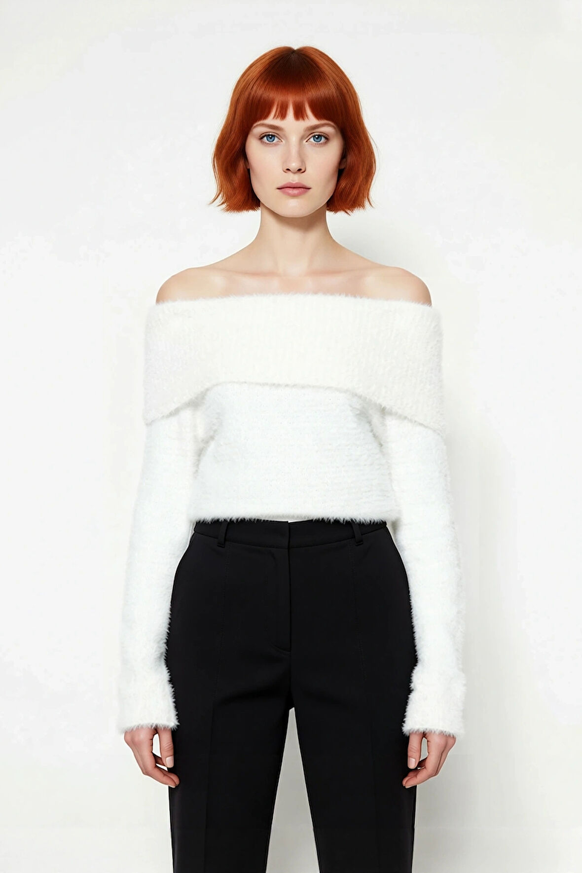 Kadın Tüylü Dokusuyla Ekstra Yumuşak Carmen Yaka Crop Triko Kazak Kış Kombinleri İçin İdeal