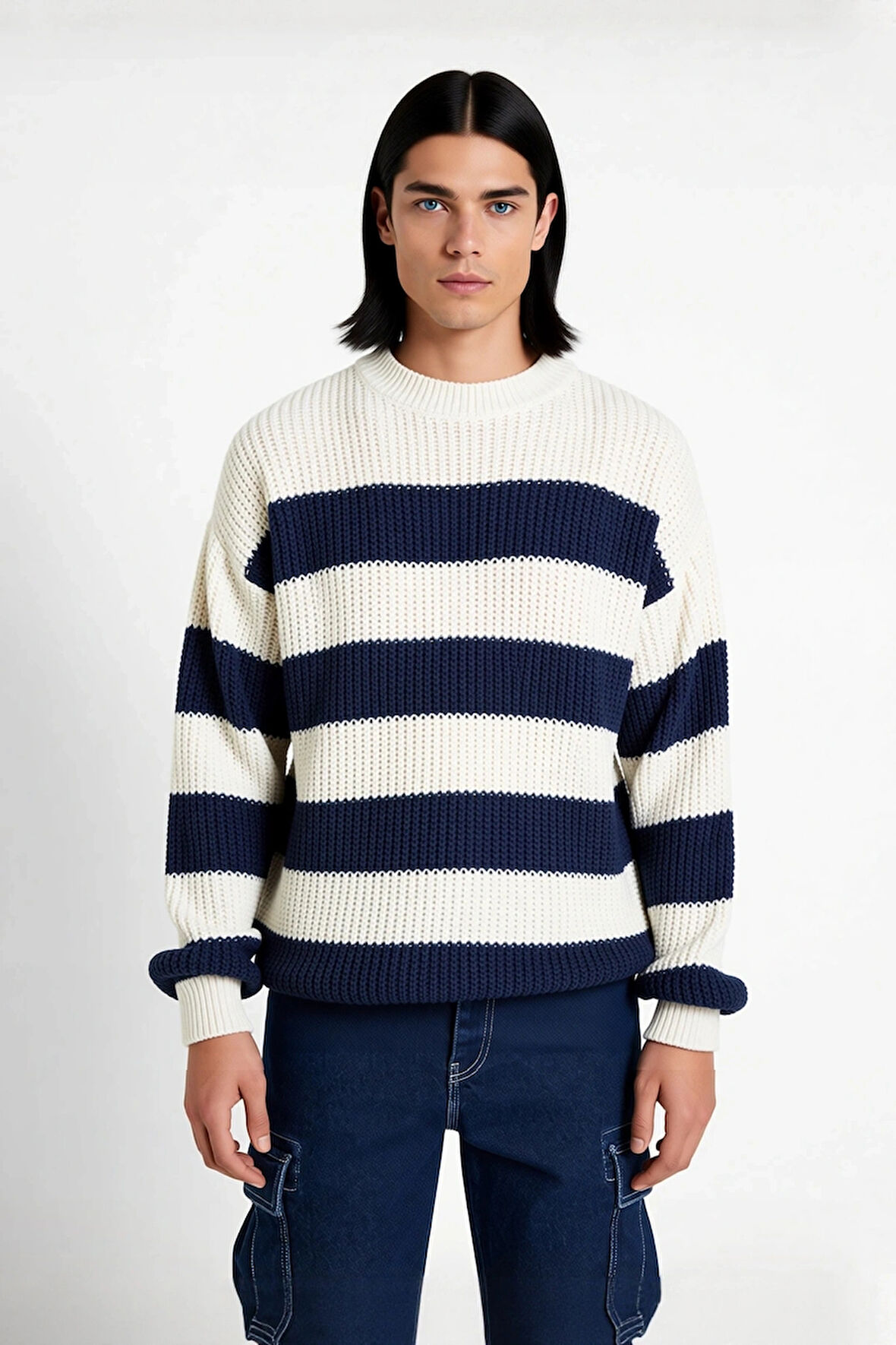 Erkek Basic Koleksiyon Uzun Kollu Rahat Çizgili Bisiklet Yaka Akrilik Oversize Triko Kazak