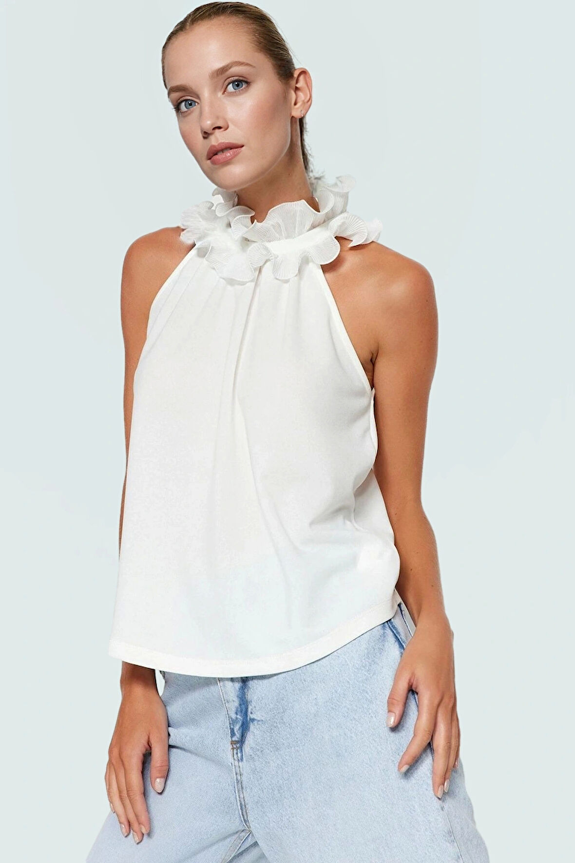 Regular Kalıp Kolsuz Bluz Polyester Örme Kumaştan Yüksek Kalite Dayanıklı Malzeme