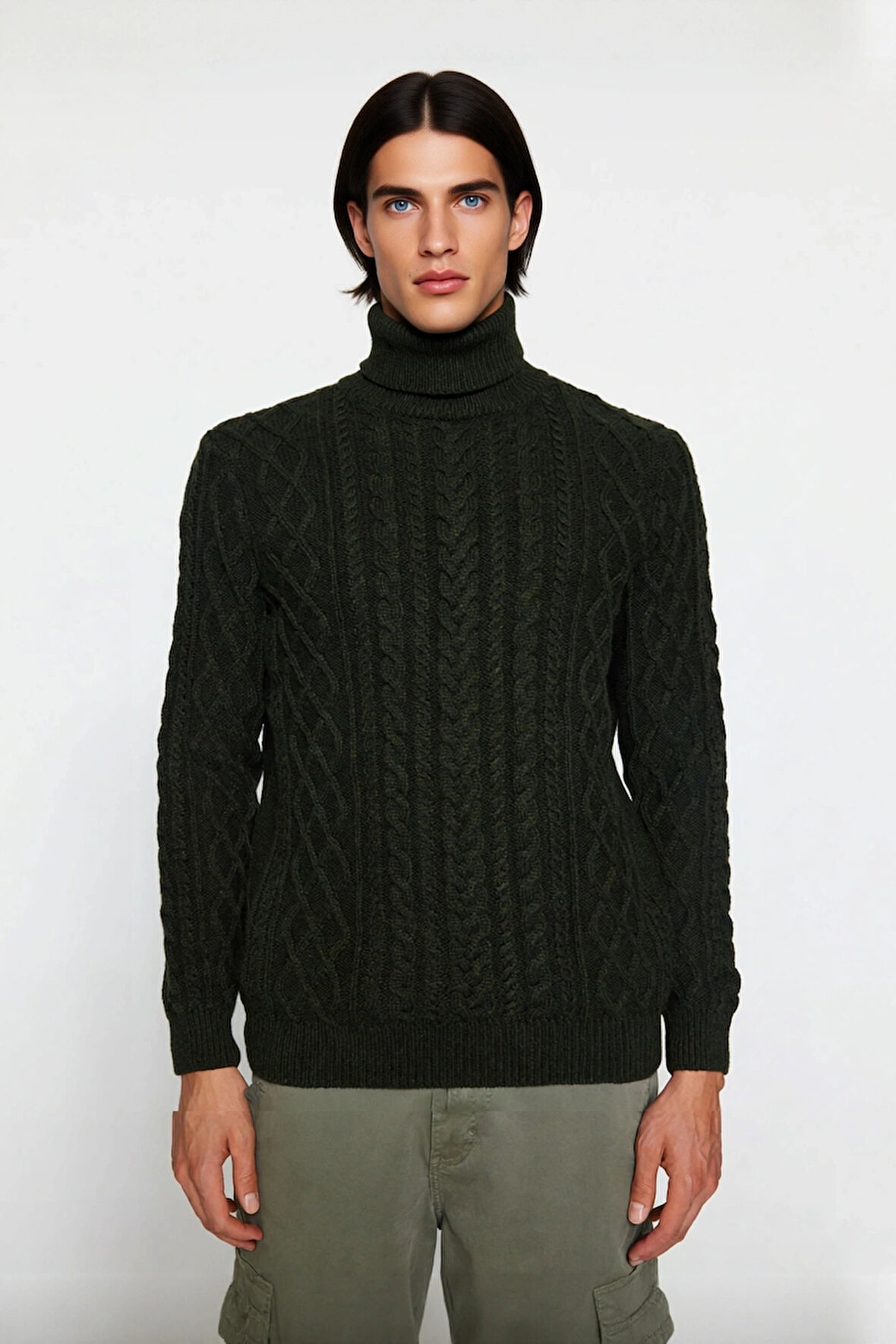 Erkek Balıkçı Yaka Fitted Kalıp Saç Örgü Desenli Kalın Triko Standart Kollu Günlük Kazak Kaliteli