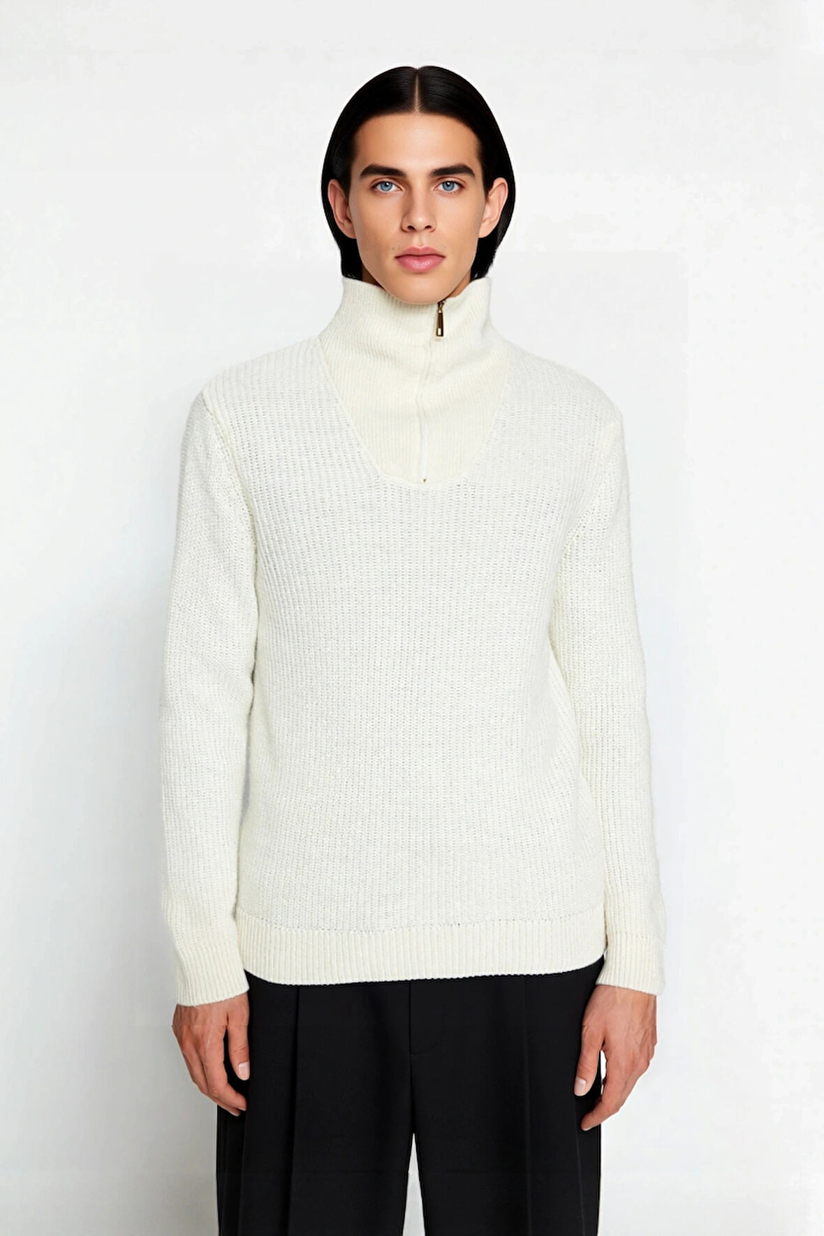 Erkeklerin Soğuk Havalarda Tercihi Regular Kalın Fermuarlı Dik Yaka Selanik Triko Kazak Modeli