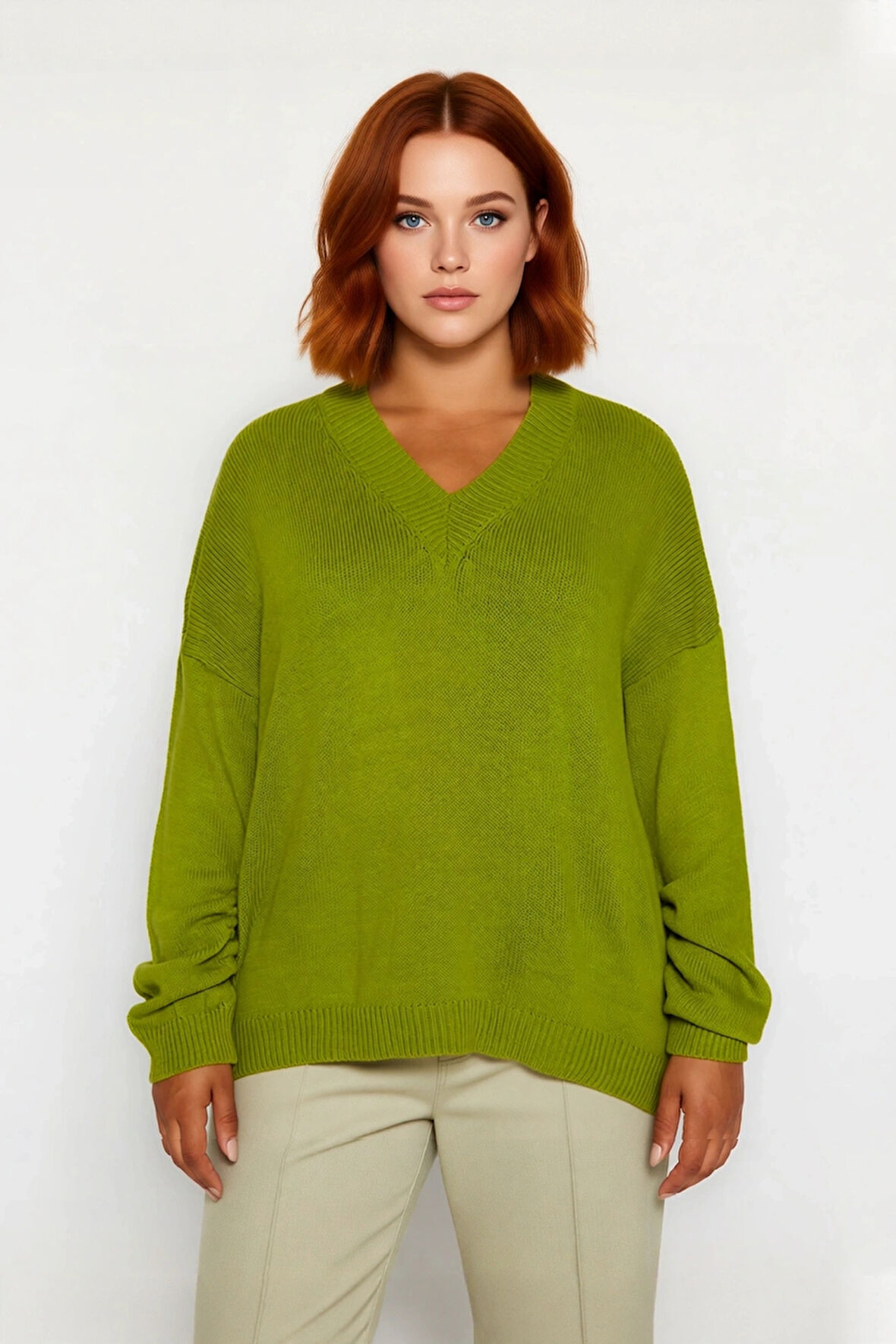 Kadınlara Özel Basic Regular Kalıp V Yaka Triko Kazak Büzgülü Uzun Kol Rahat Günlük Kombinler