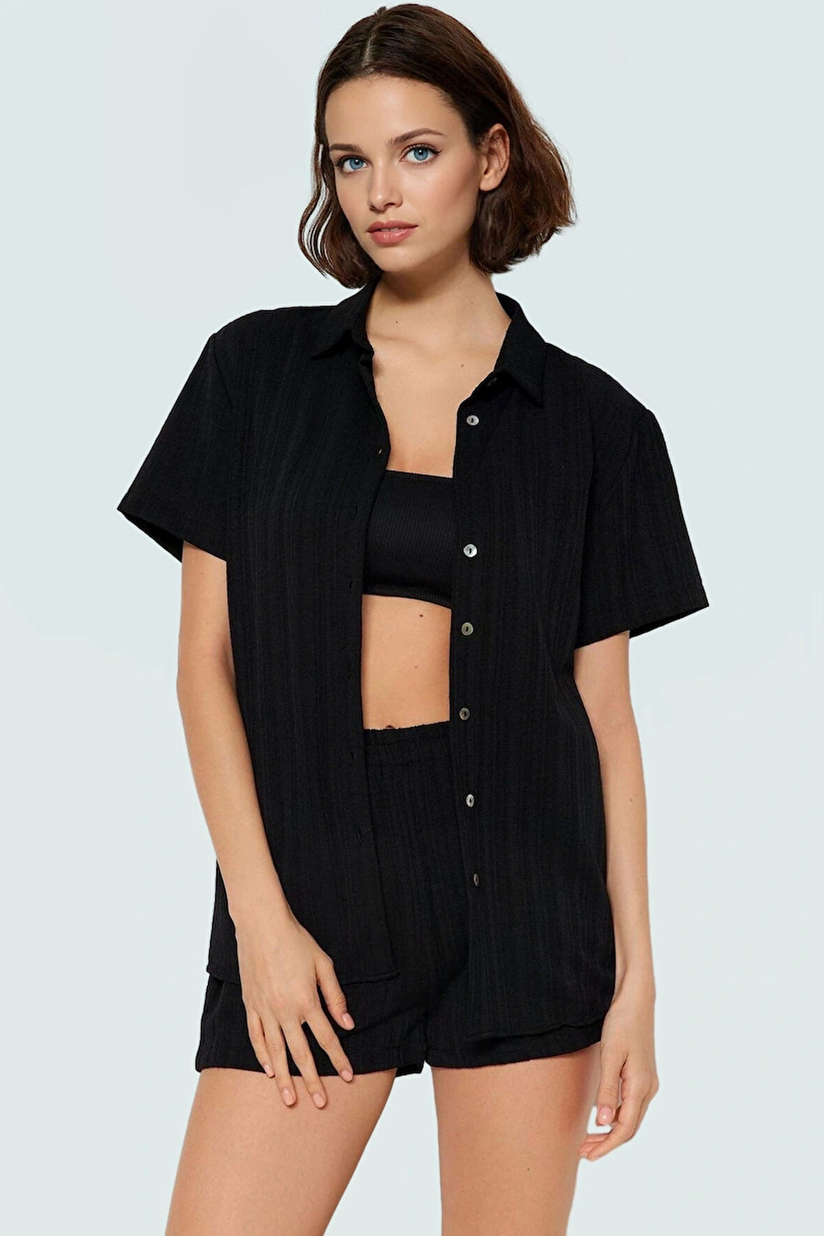 Kısa Kollu Oversize Keten Karışımlı Şort Takım Plaj ve Günlük Kullanım İçin