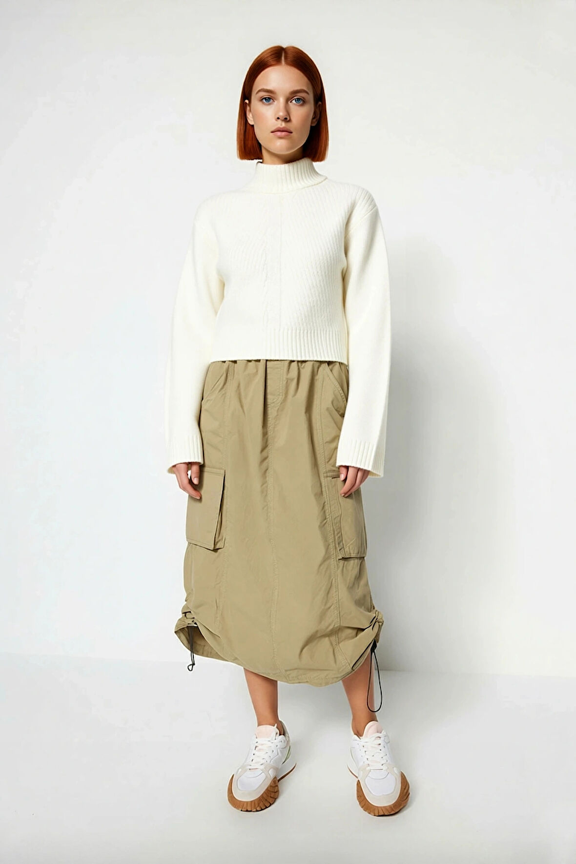 Kadın Düz Desen Dik Yaka Balon Kol Crop Kesim Triko Kazak Kışlık Akrilik Karışımlı Günlük Giyim