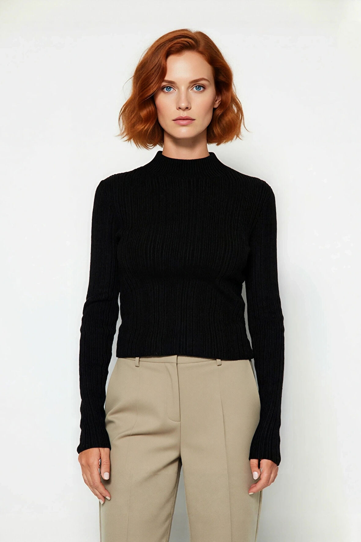 Kadın Fitted Dik Yaka Fitilli Uzun Kollu Triko Kazak Günlük Basic Siluet Kış Sonbahar Konforu