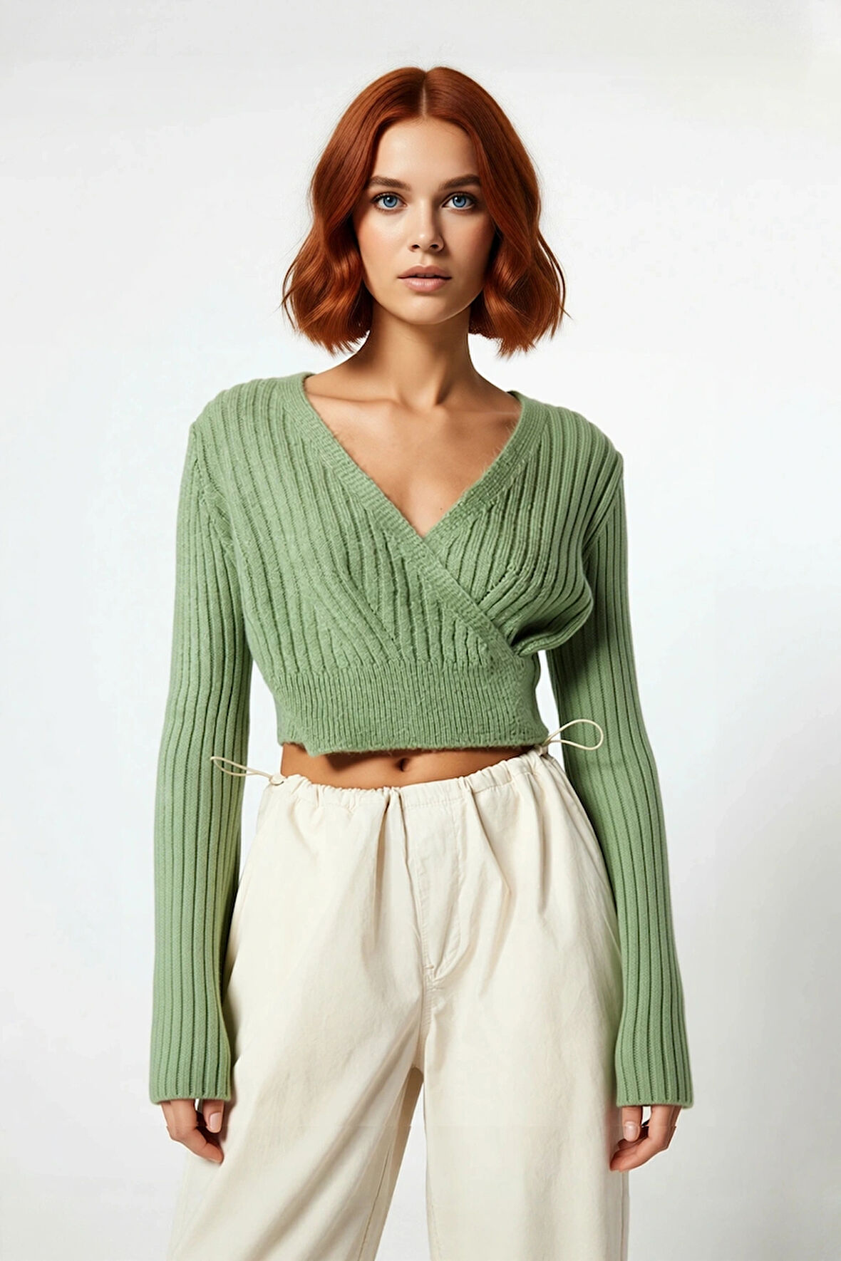 Kadınlara Özel Fitilli Kruvaze Crop Triko Kazak Serin Havalarda Şıklığı ve Konforu Bir Arada Sunar