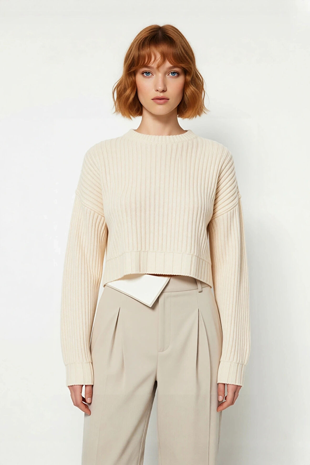 Kadın Bordo Oversize Kesim Fitilli Triko Crop Kazak Uzun Kollu Bisiklet Yaka Günlük Şıklık