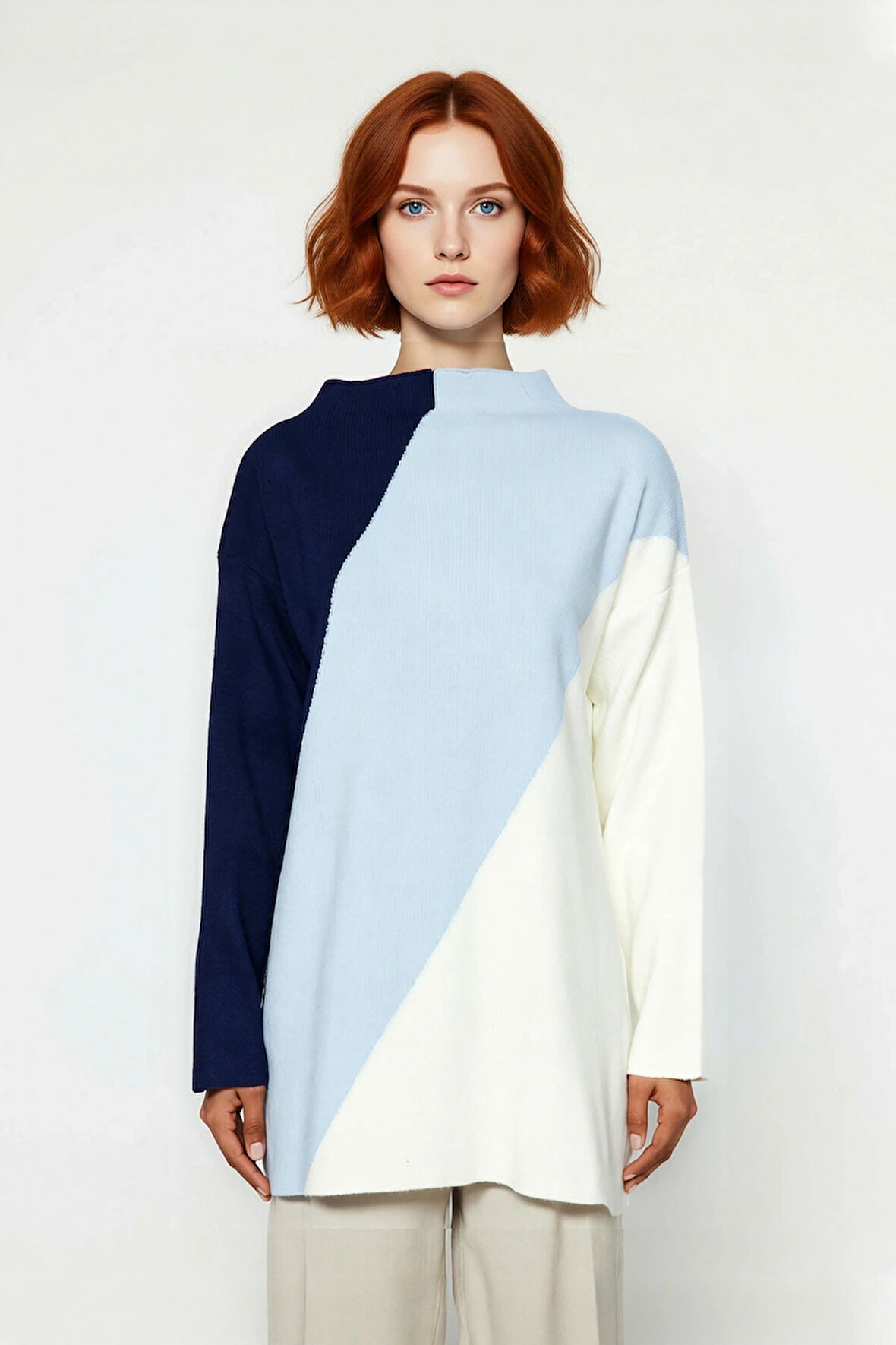 Kadınlara Özel Relaxed Fit Dik Yaka Renk Bloklu Triko Kazak Günlük Giyim İçin İdeal Seçim Kaliteli