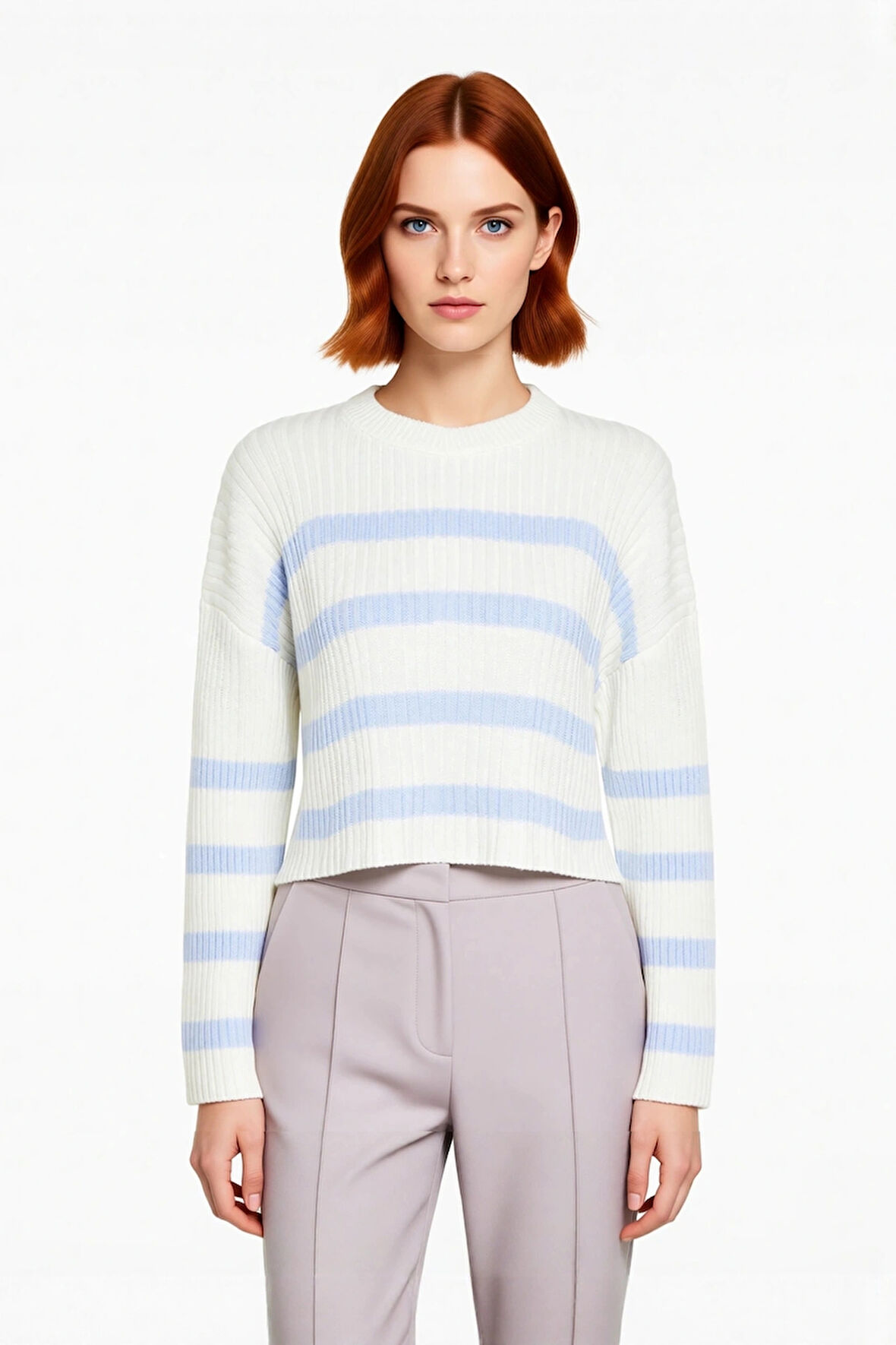 Kadın Gri Çizgili Rahat Kesim Crop Bisiklet Yaka Triko Kazak Düşük Kollu Kışlık Şıklık Kaliteli