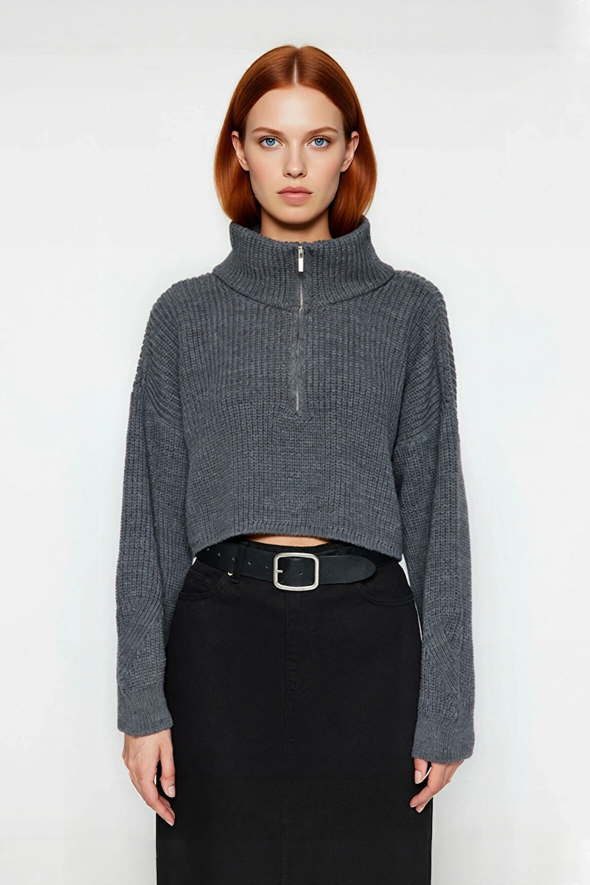 Kadın Basic Oversize Düşük Uzun Kollu Crop Fermuarlı Dik Yaka Triko Kazak Kışlık Rahat Stiller