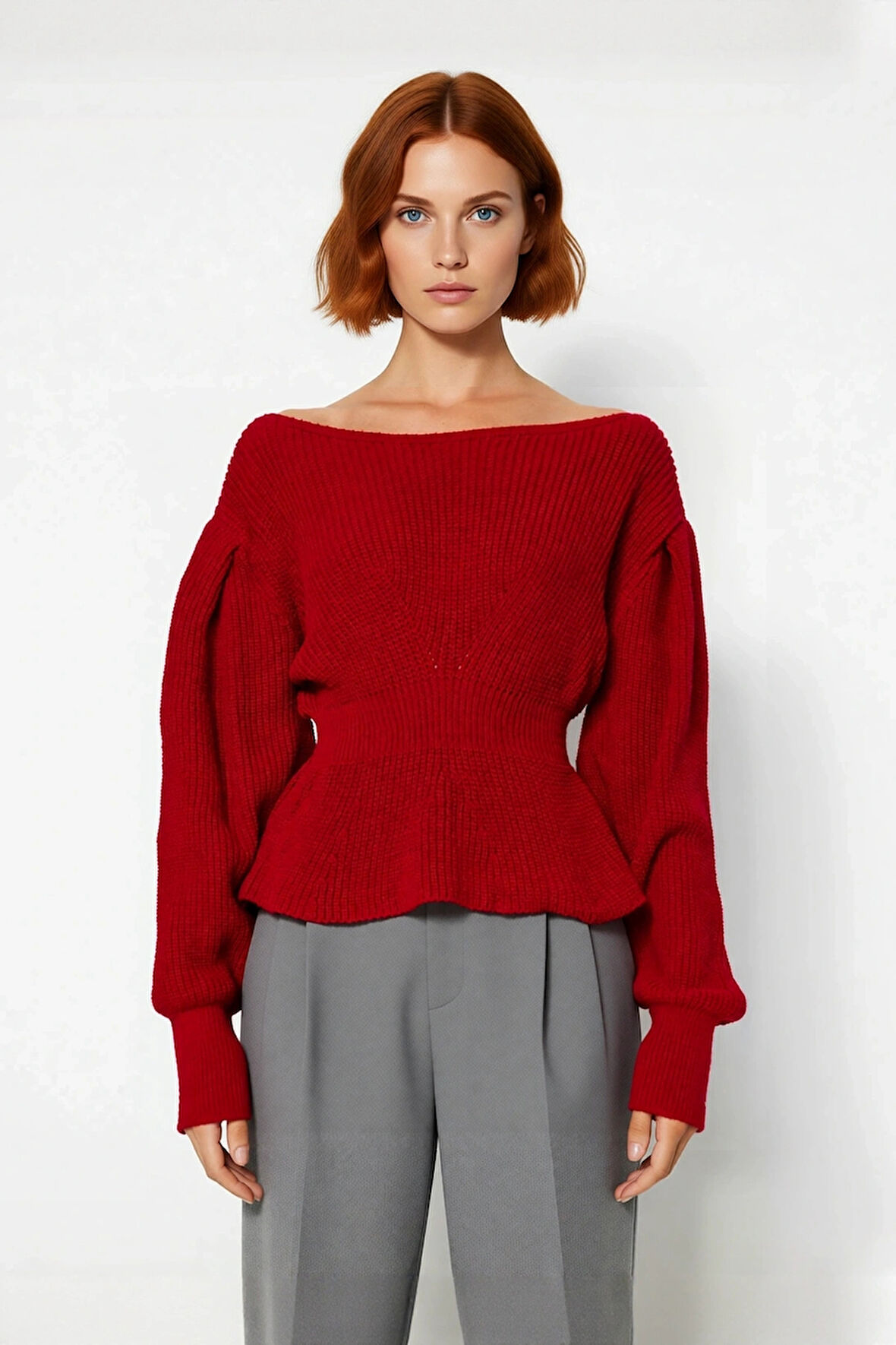 Kadınlar İçin Kışlık Akrilik Selanik Örgü Kayık Yaka Balon Kol Rahat Crop Triko Kazak Gündüz Gece