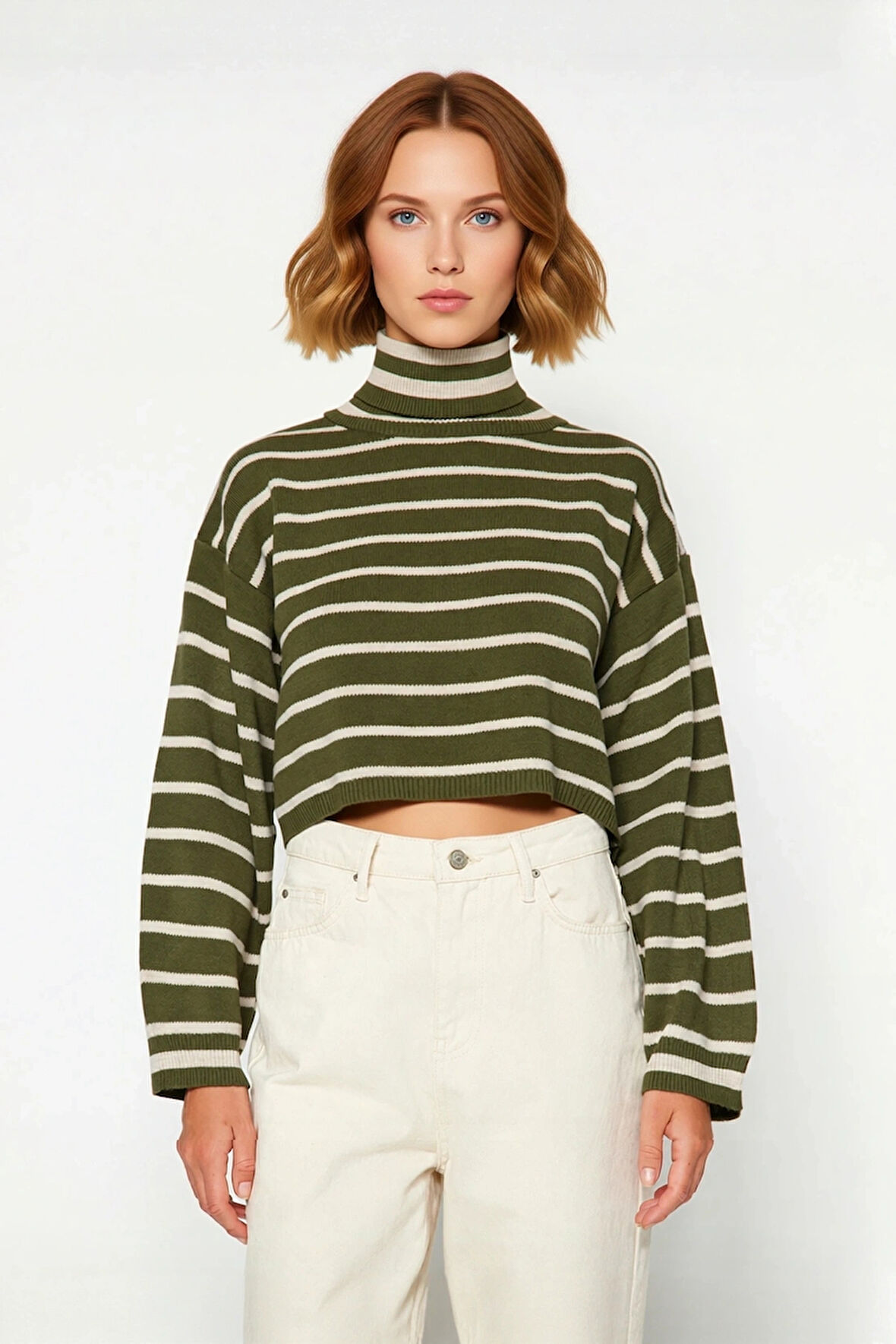 Kadınlara Özel Haki Çizgili Balıkçı Yaka Crop Akrilik Triko Kazak Günlük Kullanım İçin İdeal