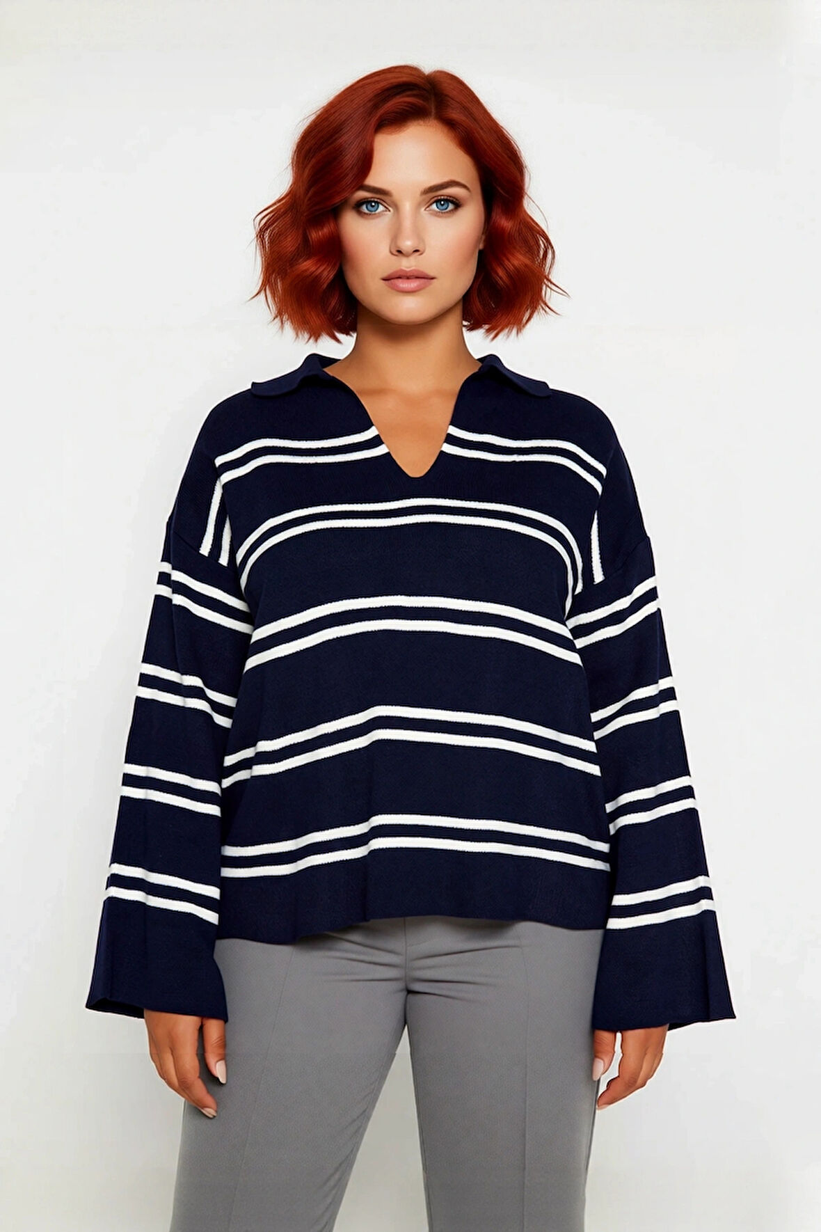 Kadın Polo Yaka Çizgili Akrilik Triko Kazak Relaxed Kalıbı Sayesinde Soğuk Havalara Şıklık Katıyor