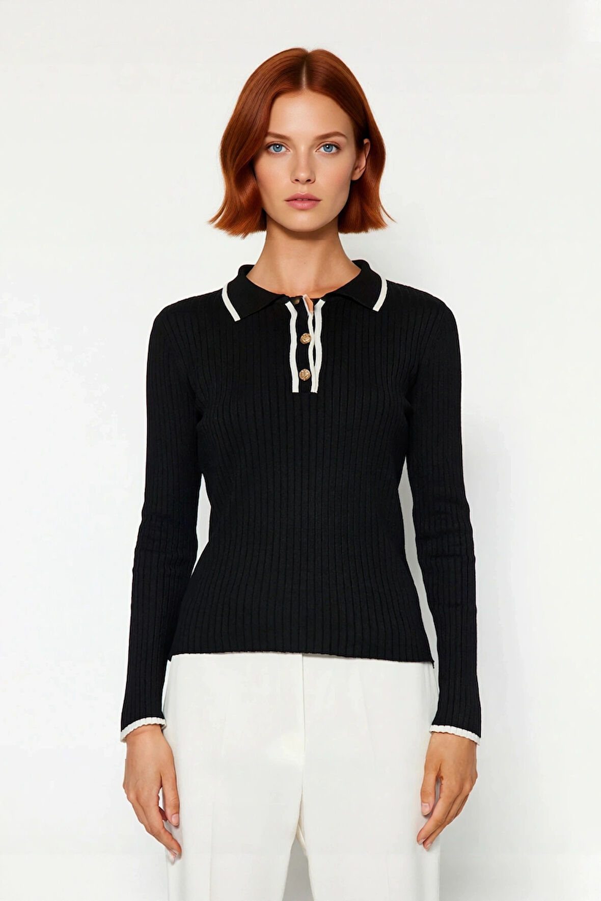 Kadın Fitted Triko Polo Yaka Kazak Zarif Renk Bloklu Tasarımıyla Günlük Şıklığı Tamamlar Kaliteli