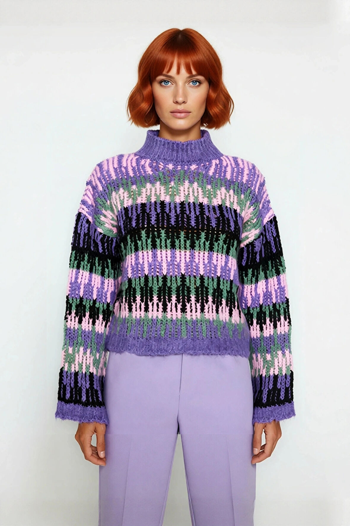 Kadınlara Özel Oversize Dik Yaka Etnik Desenli Kalın Triko Kazak Kış Şıklığı İçin Crop Kesim