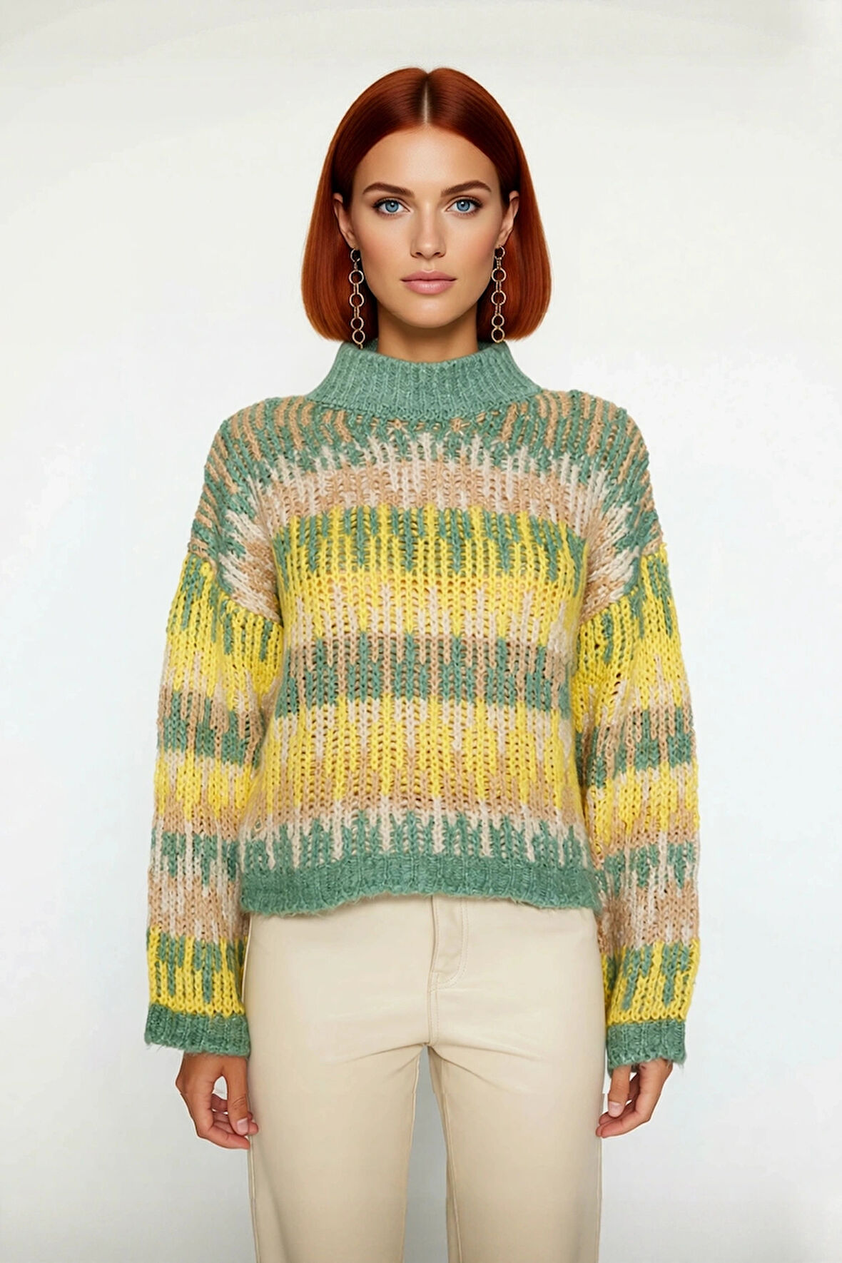 Kadınlara Özel Oversize Dik Yaka Etnik Desenli Kalın Triko Kazak Kış Şıklığı İçin Crop Kesim