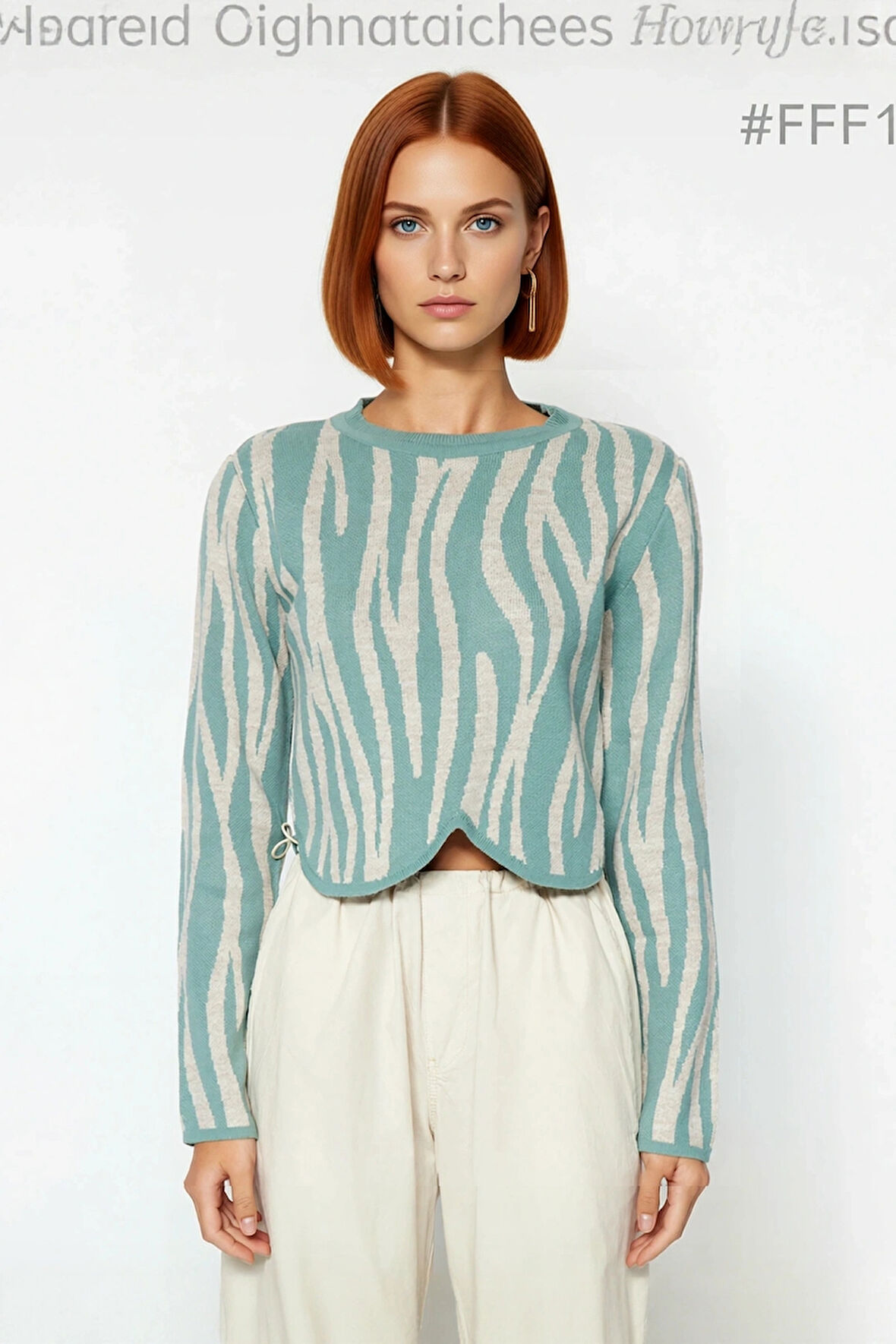 Kadın Fashion Forward Akrilik Regular Kalıp Crop Boy Uzun Kol Hayvan Desenli Triko Kazak Kaliteli