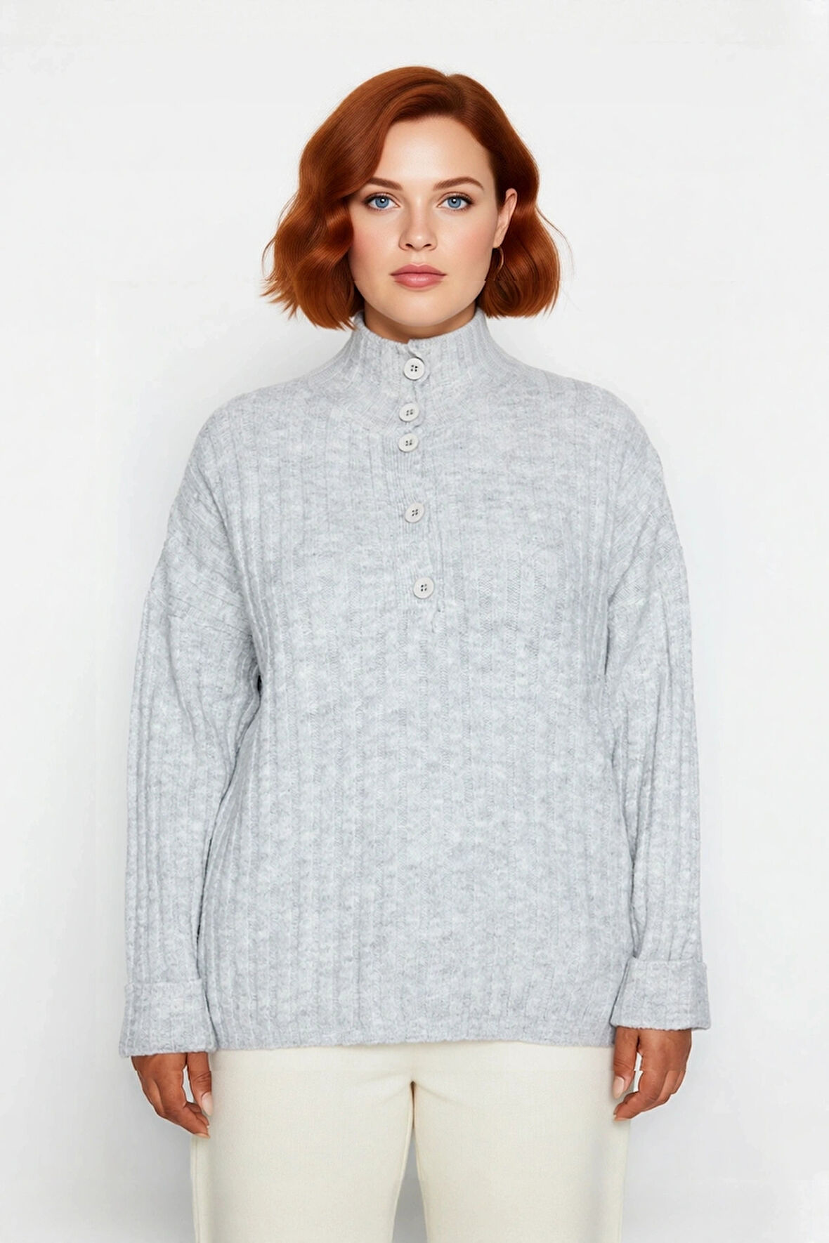 Kadın Fitilli Dokuma Triko Kazak Relaxed Kalıp Dik Yaka Düğmeli Detay Kış Konforu Şıklığı Kaliteli