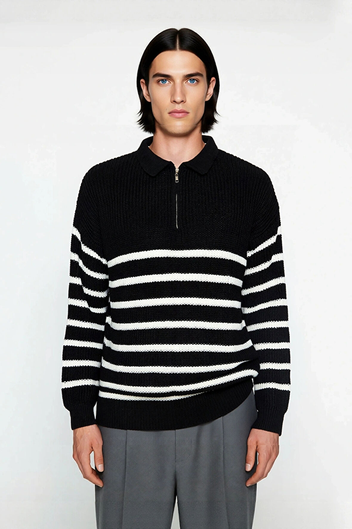 Lacivert Çizgili Erkek Oversize Polo Yaka Triko Kazak Kalın Yapılı Standart Kol Kış Şıklığı Akrilik