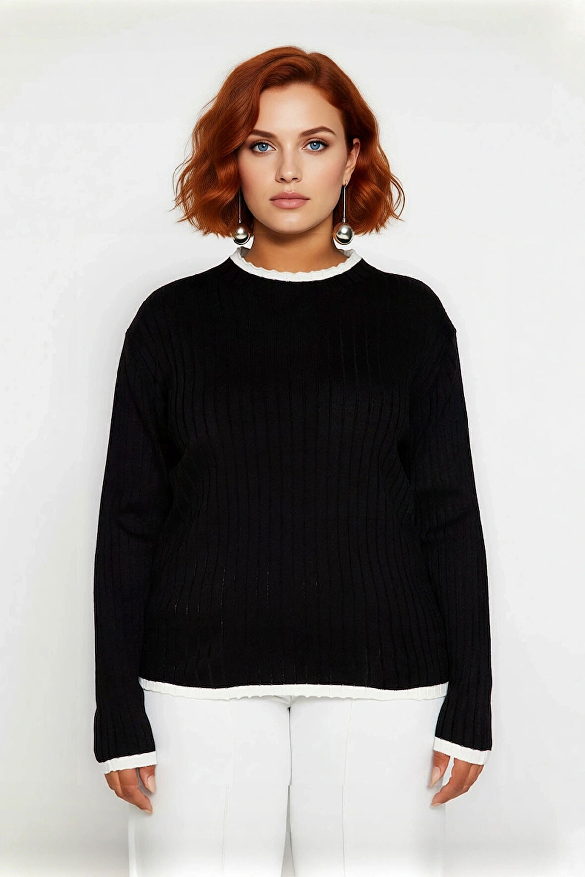 Kadın Akrilik Fitted Kesim Dik Yaka Fitilli Triko Kazak Standart Kol Günlük Rahatlık İçin İdeal