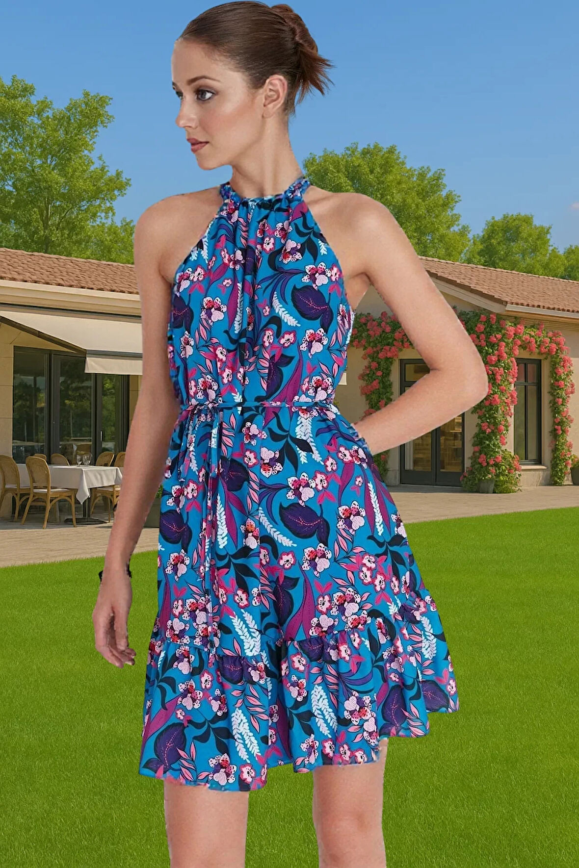 Şifon Kumaşlı Çiçekli Mini Elbise Rahat Günlük Stil Halter Yaka Mükemmel Uyum Trend Tasarım