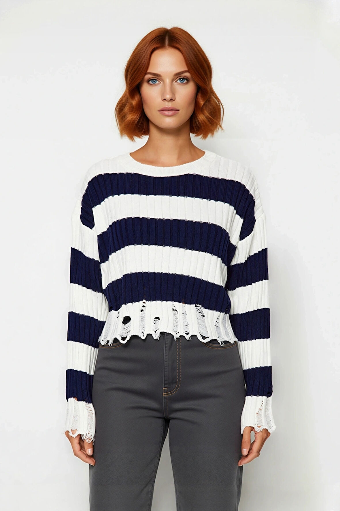 Kadın Basic Çizgili Düşük Kol Akrilik Triko Kazak Crop Kesim Akıtma Detaylı Konforlu Stil Kaliteli