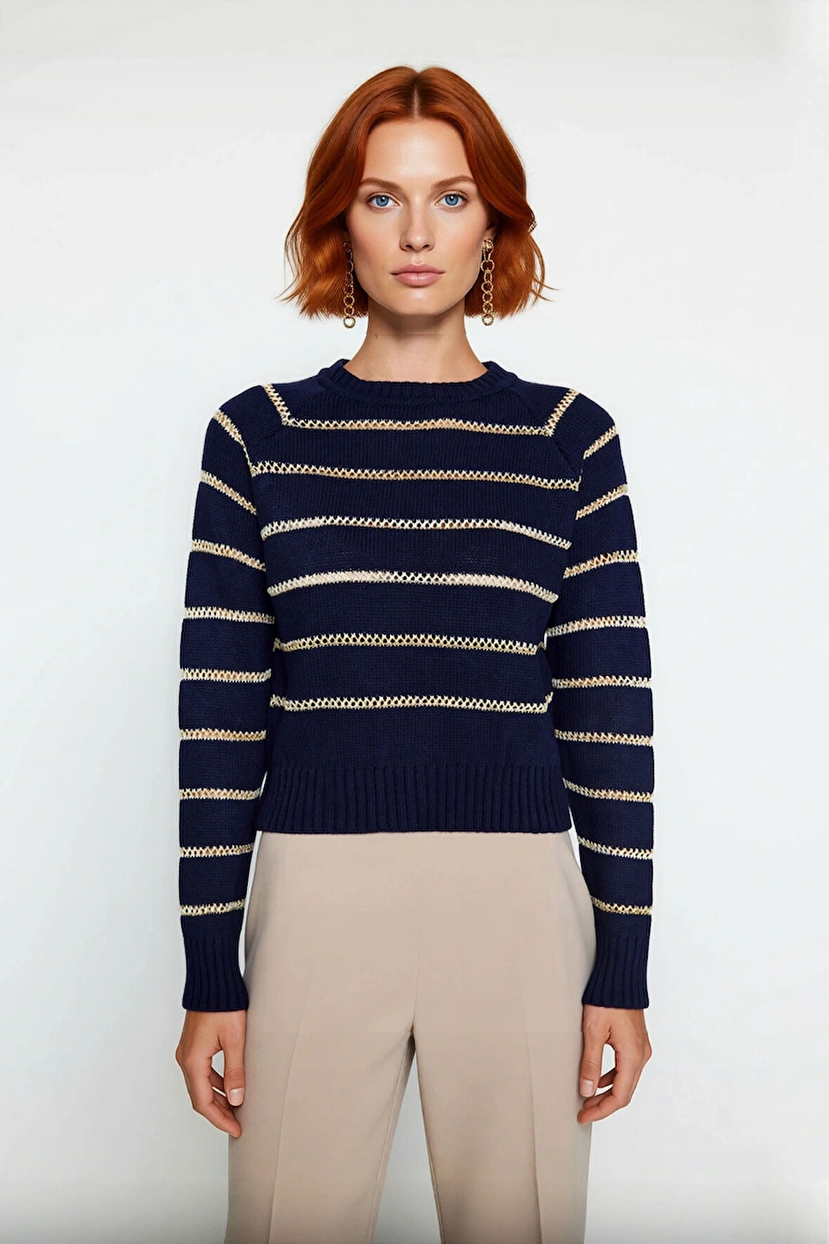 Kadın Lacivert Simli Çizgili Oversize Triko Kazak Modeli Soğuk Kış Günlerine Şıklık Katın Kaliteli