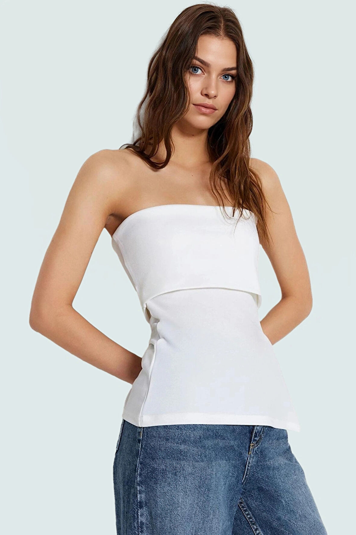 Yandan Fermuarlı Krep Örme Straplez Bluz Premium Kalite Modern Stil