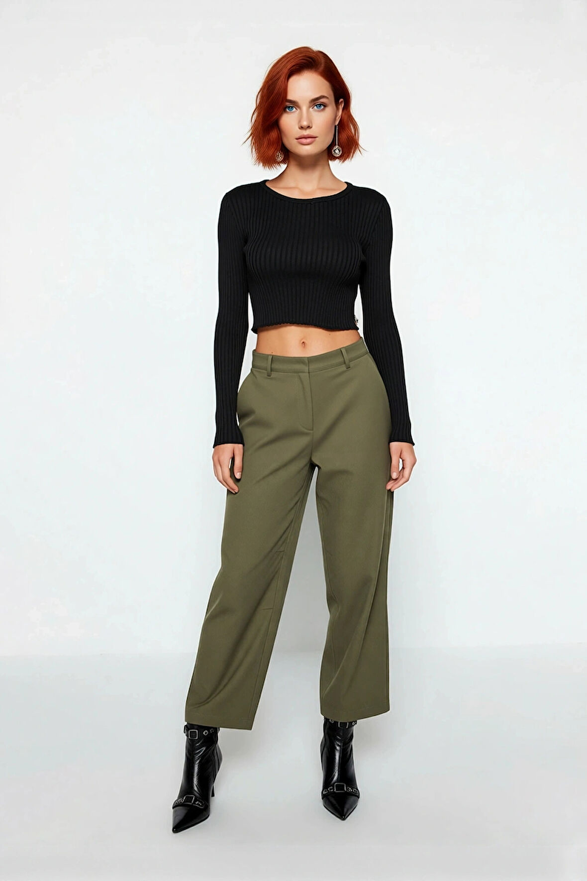 Kadın Modern Super Crop Fitted Polyester Triko Üst Bisiklet Yaka Fitilli Uzun Kol Günlük İlkbahar