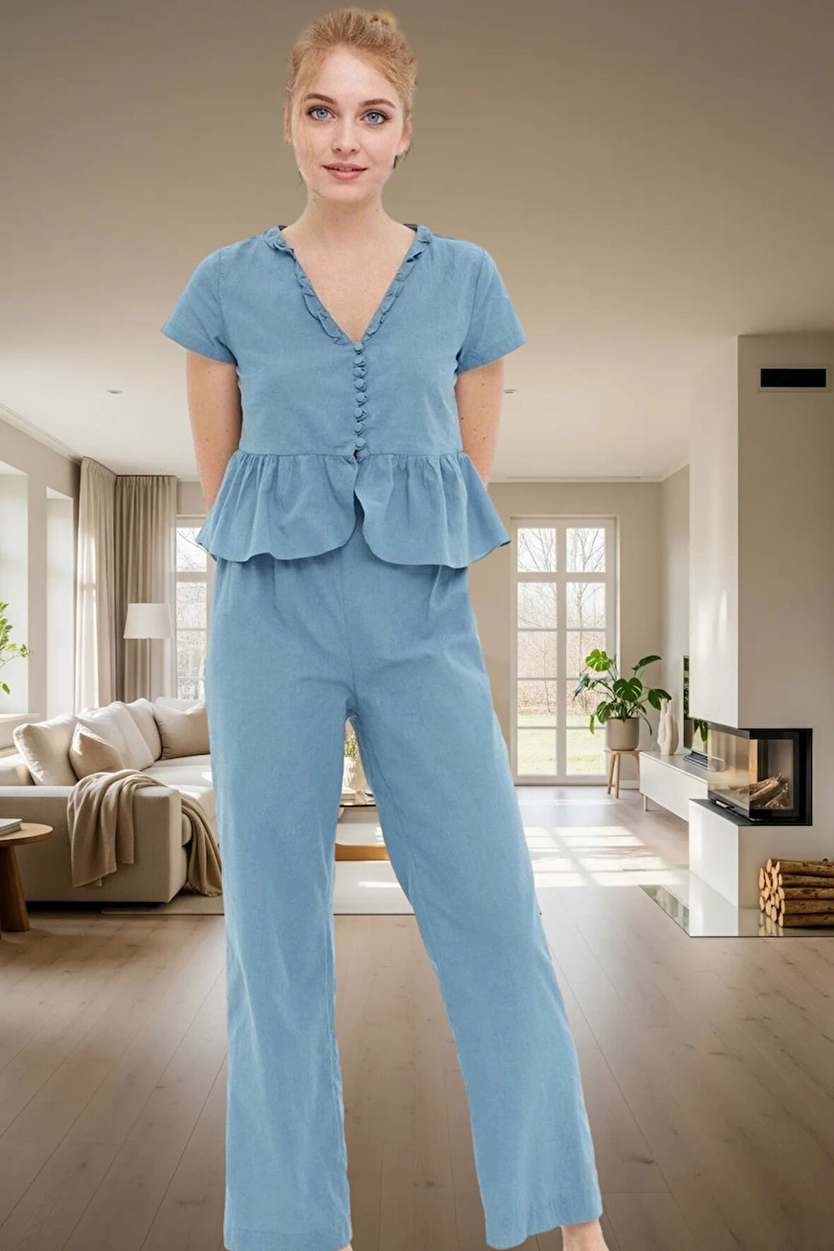 Shally Dokuma Viskoz Pijama Takımı V Yaka Fırfır Detay Rahat Kalıp Seçkin Malzeme