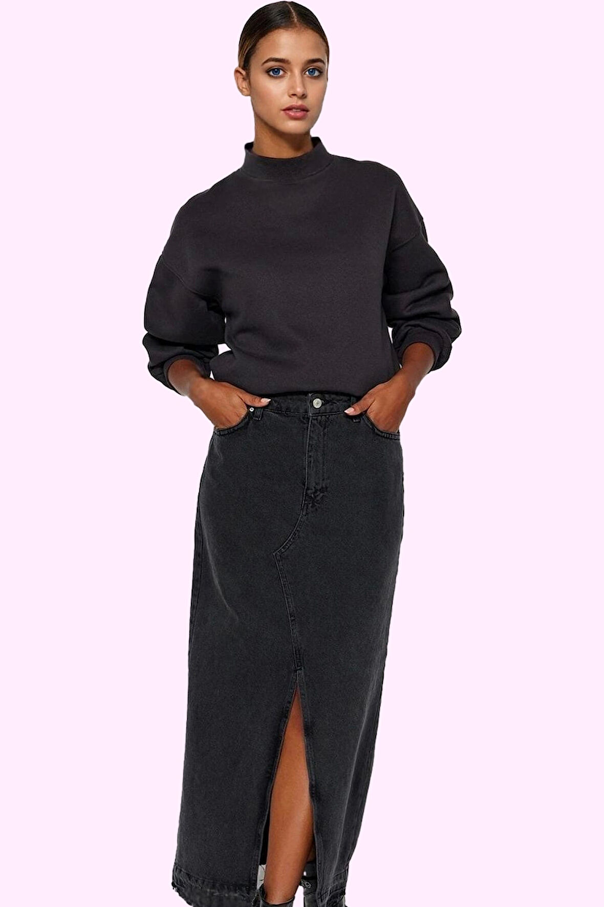 Kadın Pamuklu Denim Maxi Etek Yırtmaçlı A line Günlük ve Şık Kombinler İçin Modern Tasarım