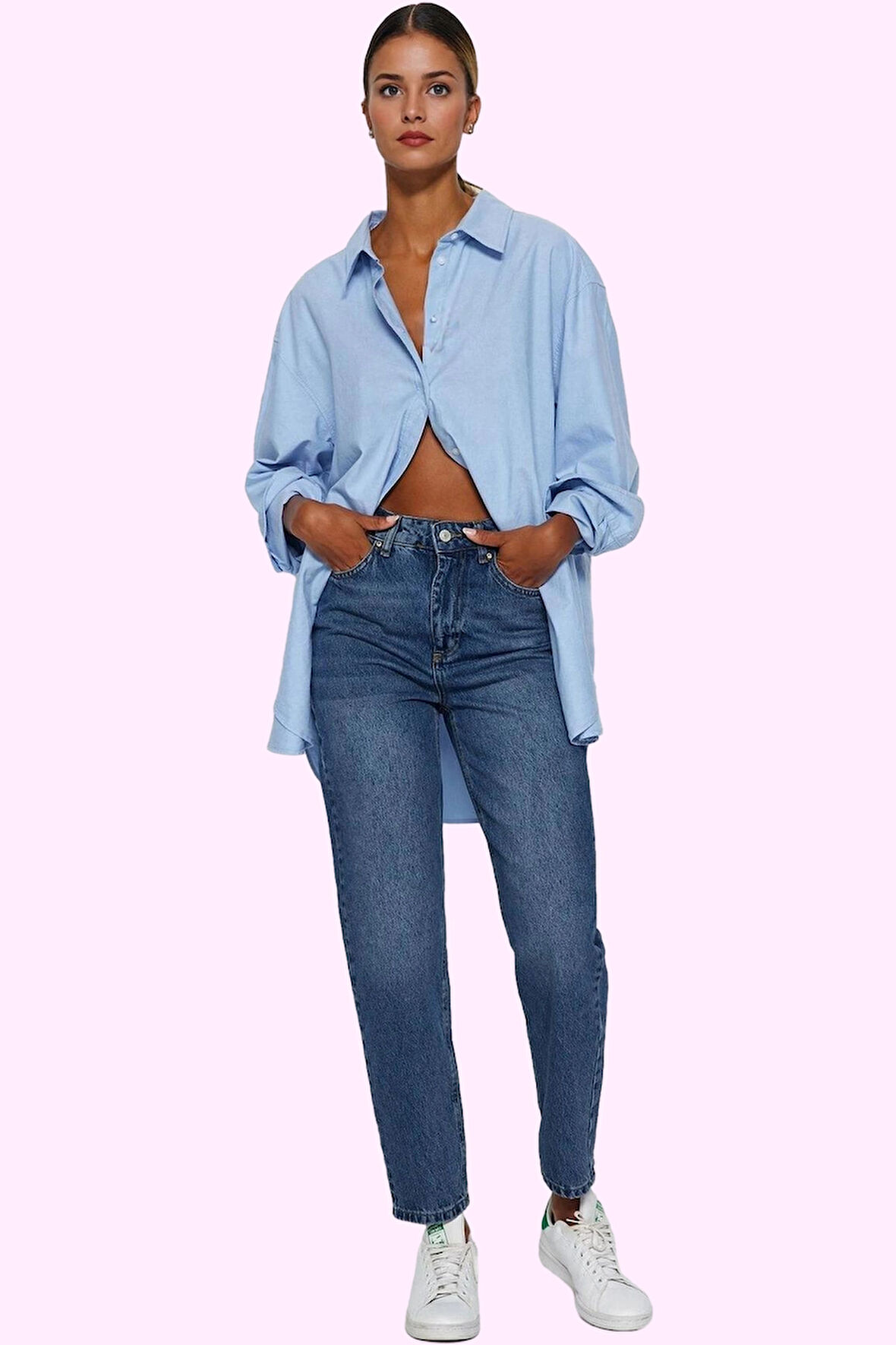 Kadın Pamuk Mom Jean Denim Pantolon Yüksek Bel Regular Boy Günlük Kullanım Kaliteli Malzeme