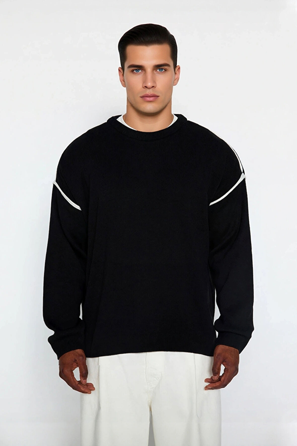 Erkek Oversize Fit Geniş Kalıp Bisiklet Yaka Düşük Kol Biye Detaylı Triko Kazak Günlük Şıklık