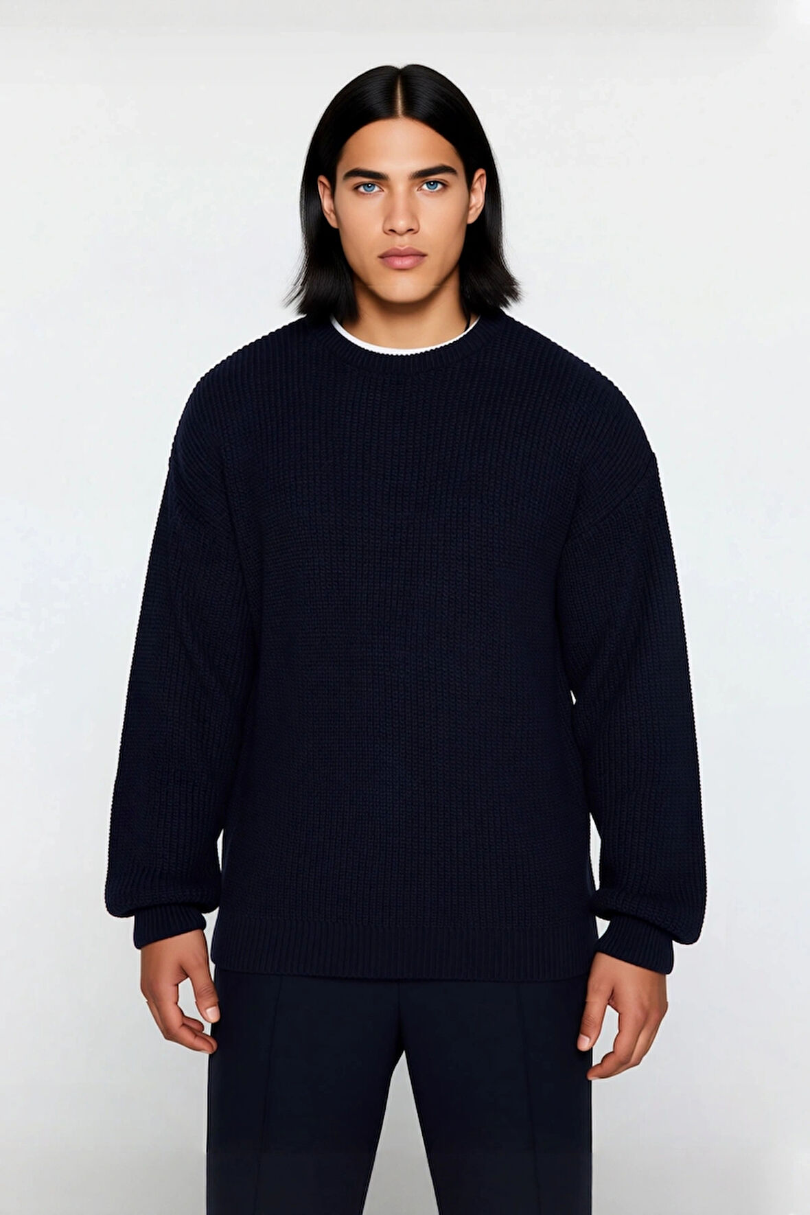 Erkekler İçin Gri Oversize Bisiklet Yaka Düz Triko Kazak Günlük Giyimde Konforlu Şık Tasarım