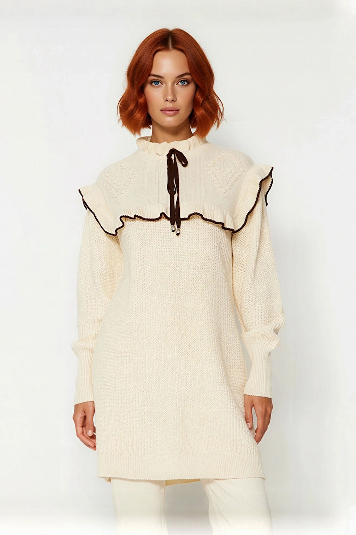 Kadın Selanik Dokuma Dik Yaka Düşük Kollu Biyeli Saç Örgü Detaylı Kışlık Triko Tunik Kaliteli