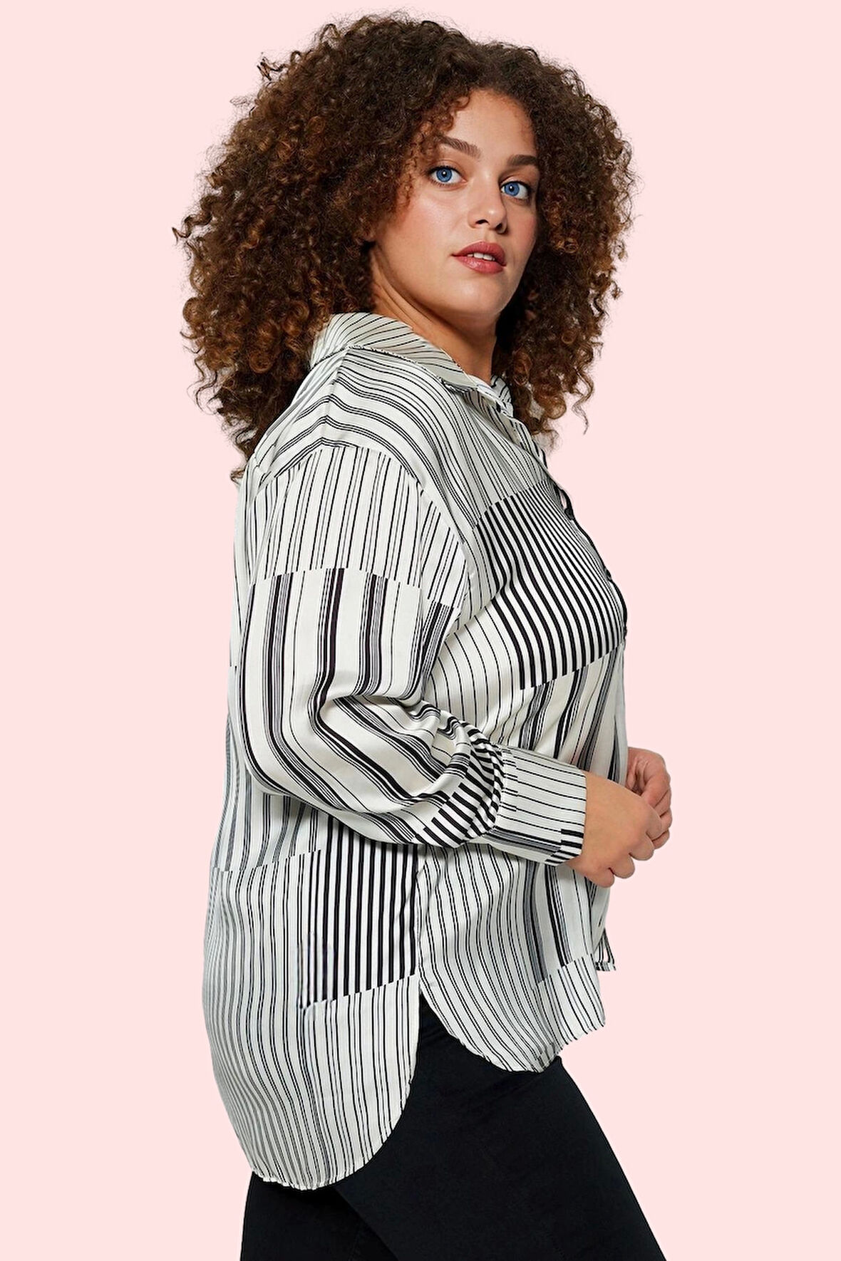 Kadın Çok Çizgili Dokuma Gömlek Regular Kalıp Uzun Kollu Nefes Alan Kumaş Günlük Kombinler