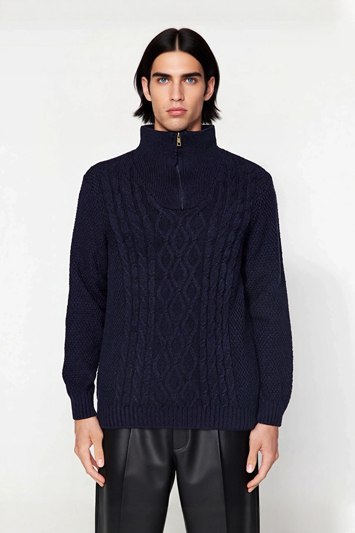 Erkek Regular Kesim Kışlık Triko Kazak Fermuarlı Dik Yaka Saç Örgü Uzun Kollu Rahat Kaliteli