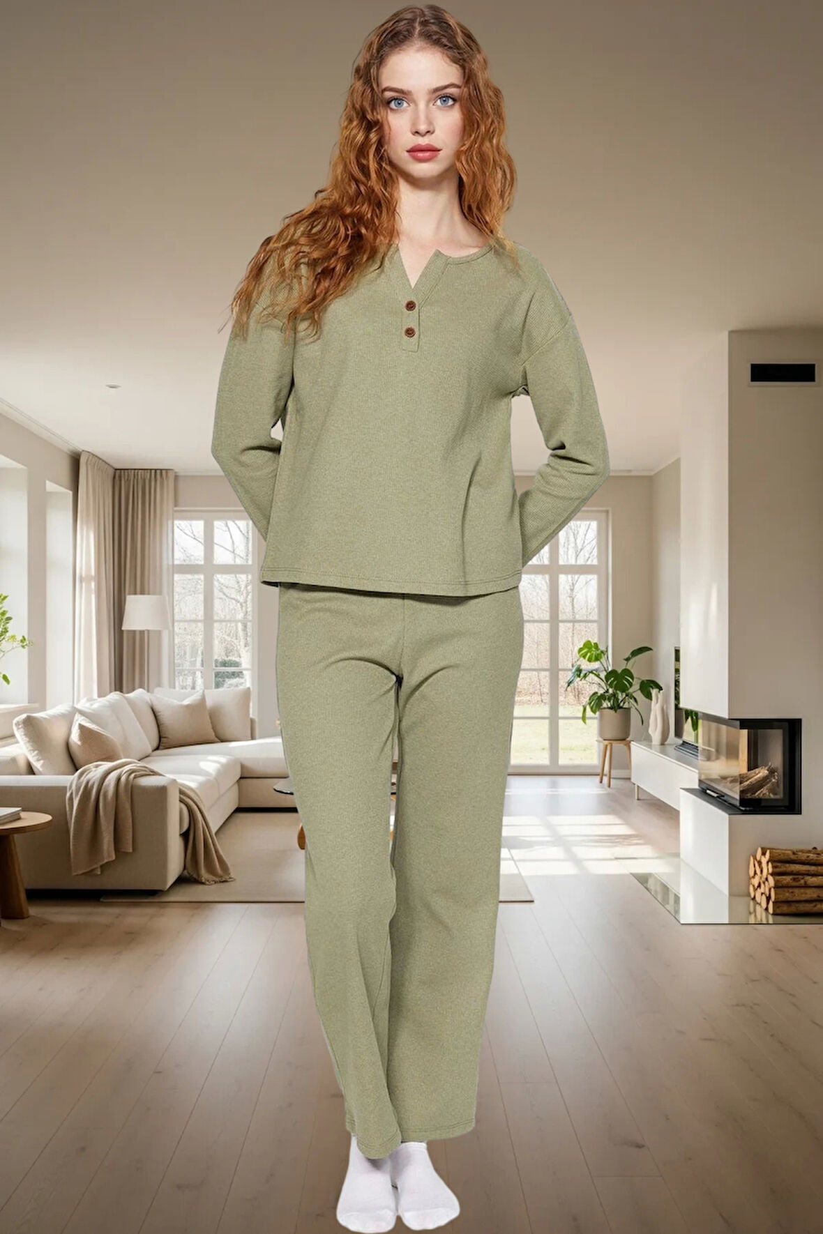 Rahat ve Şık Waffle Pijama Takımı Pamuklu V Yaka Uzun Kollu Yüksek Kalite