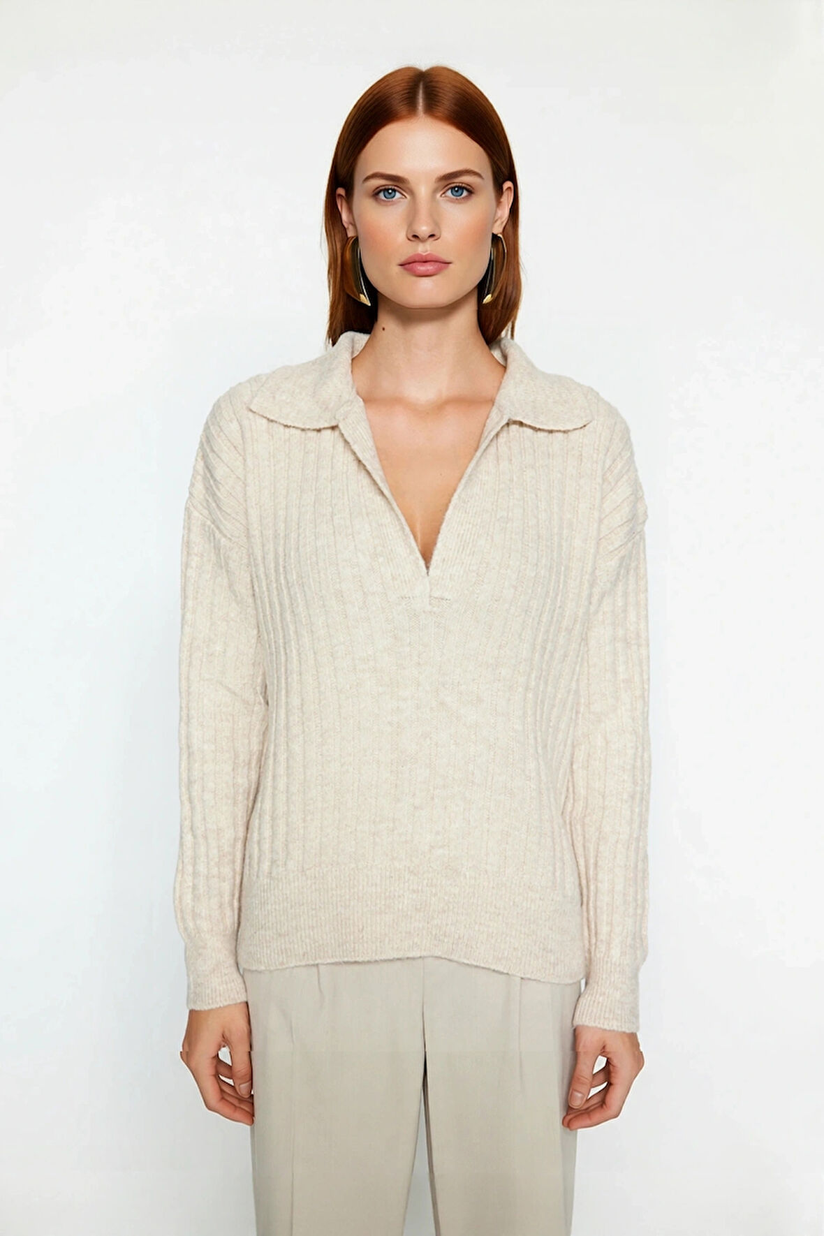 Kadınlara Özel Oversize Fitilli Triko Kazak Düşük Kol Polo Yaka Kış Sezonu İçin İdeal Günlük Giyim