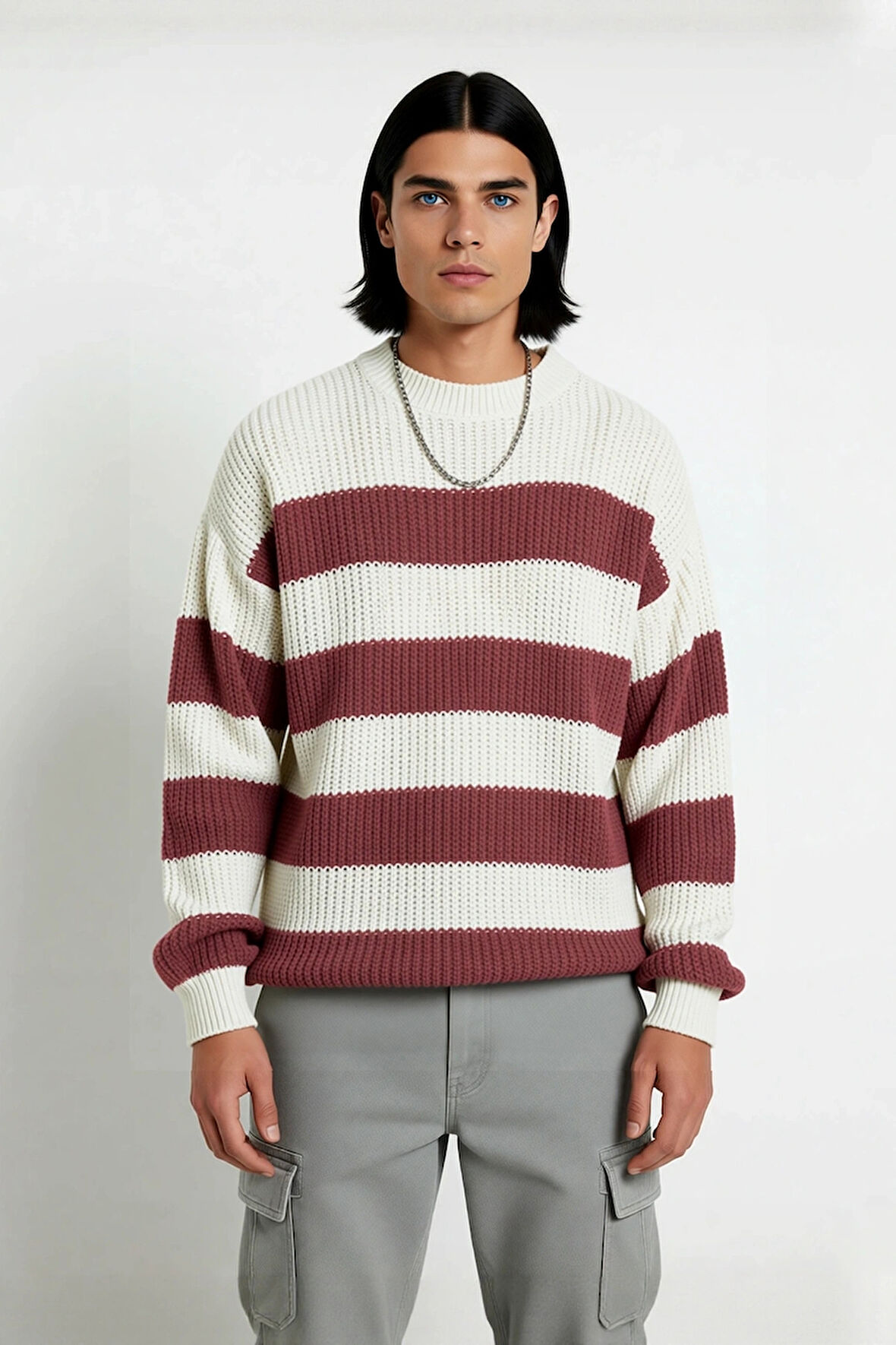 Erkek Basic Koleksiyon Uzun Kollu Rahat Çizgili Bisiklet Yaka Akrilik Oversize Triko Kazak