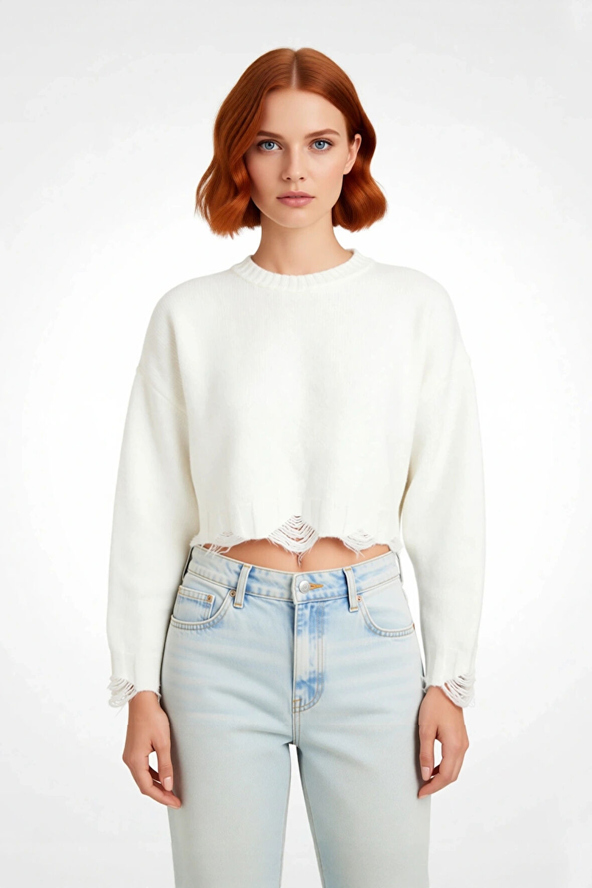 Kadın Casual Crop Oversize Bisiklet Yaka Triko Kazak Düşük Kol Akıtma Detaylı Konforlu Şık