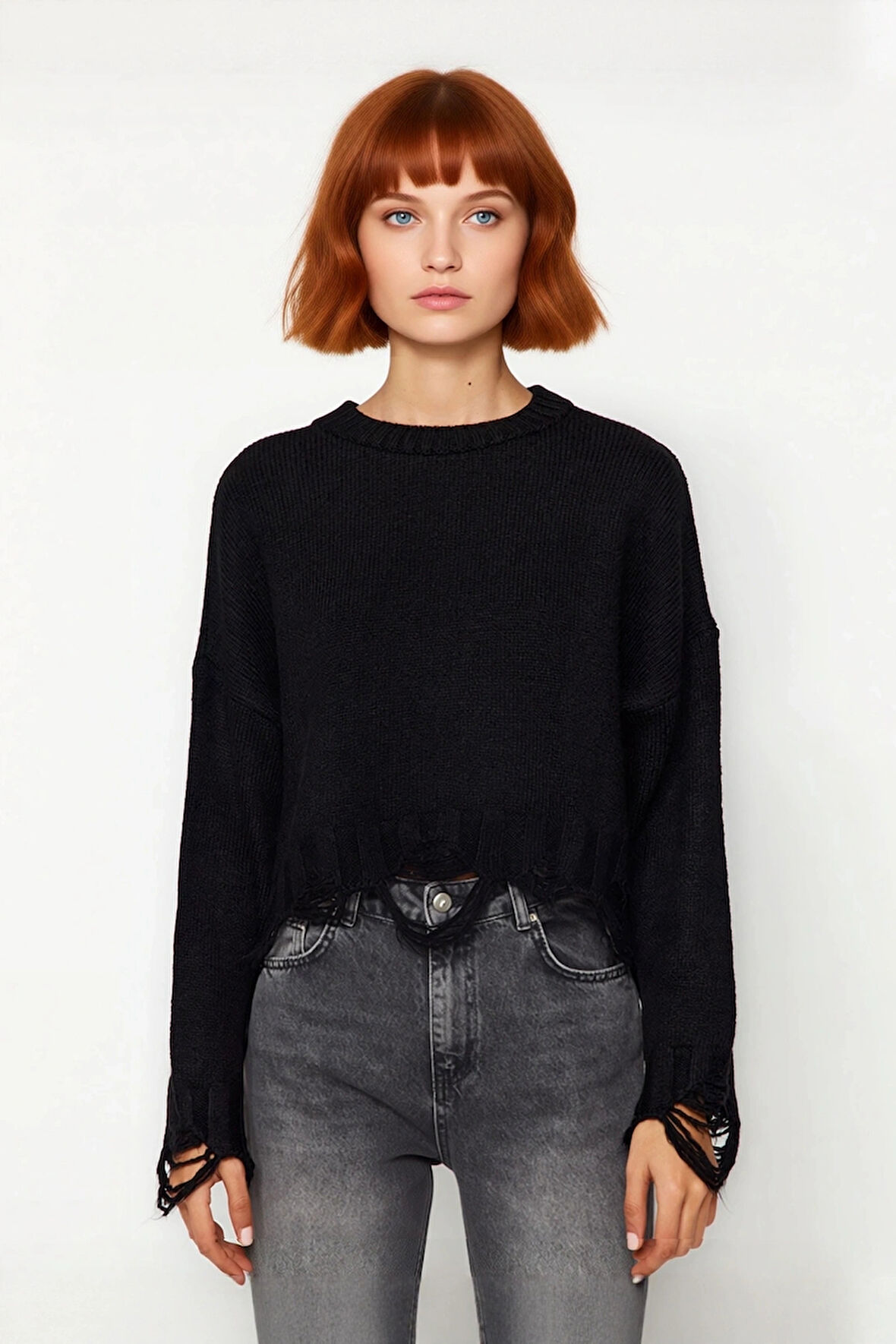 Kadın Casual Crop Oversize Bisiklet Yaka Triko Kazak Düşük Kol Akıtma Detaylı Konforlu Şık