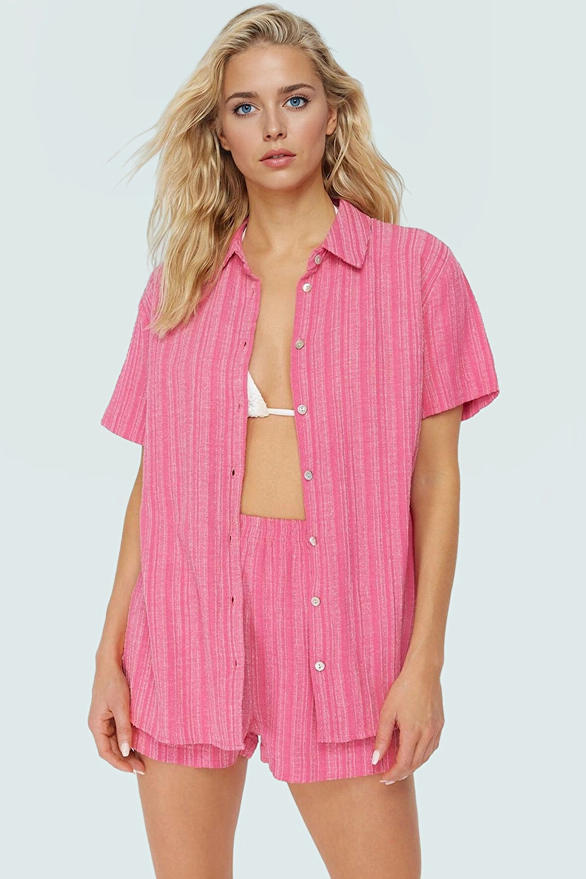 Kısa Kollu Oversize Keten Karışımlı Şort Takım Plaj ve Günlük Kullanım İçin